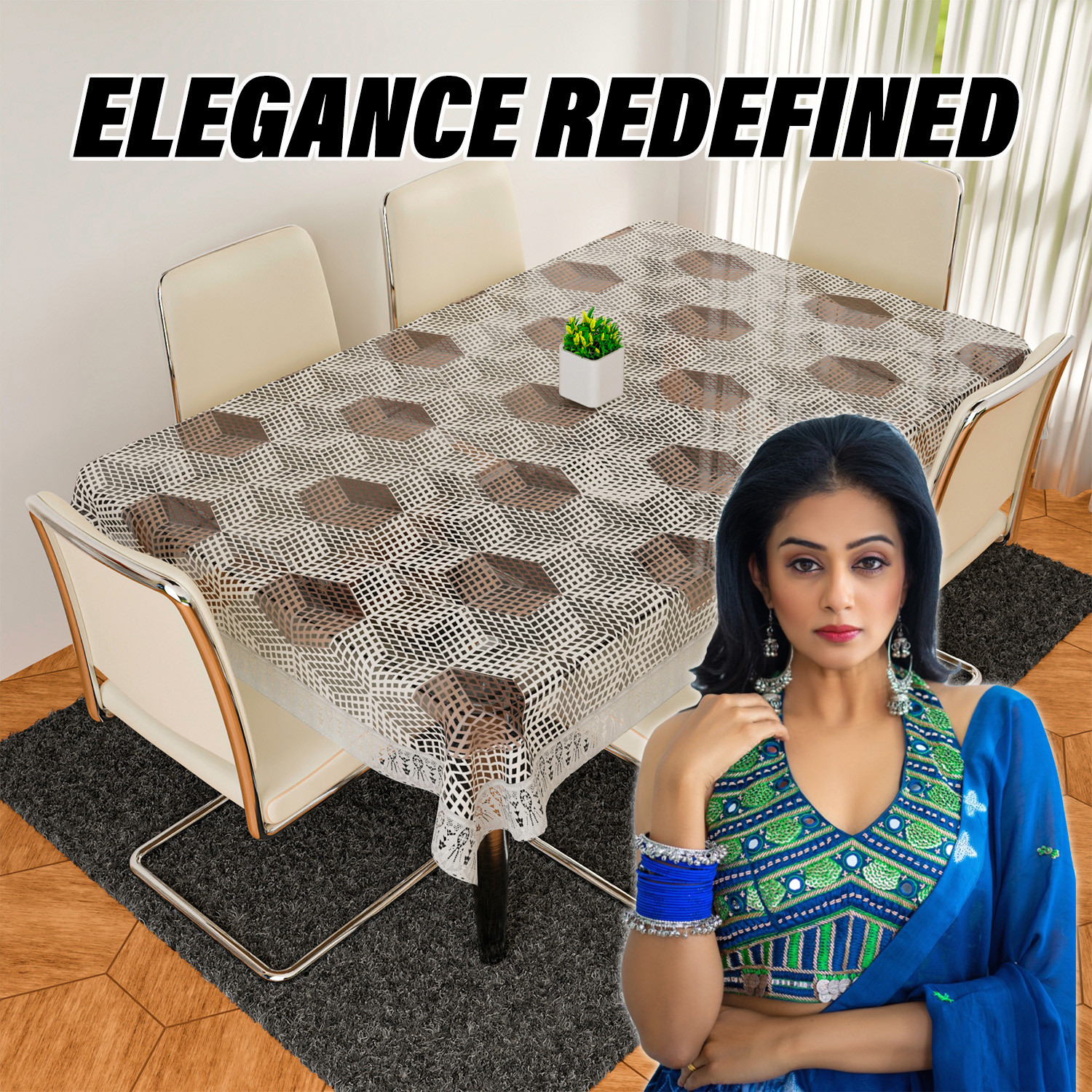 Kuber Industries Dining Table Cover  PVC Table Cover  Cube Maiva Embroidery Table Cover  Table Protector  Table Cover for Dining Table  60X90 Inch  DTC  Cream