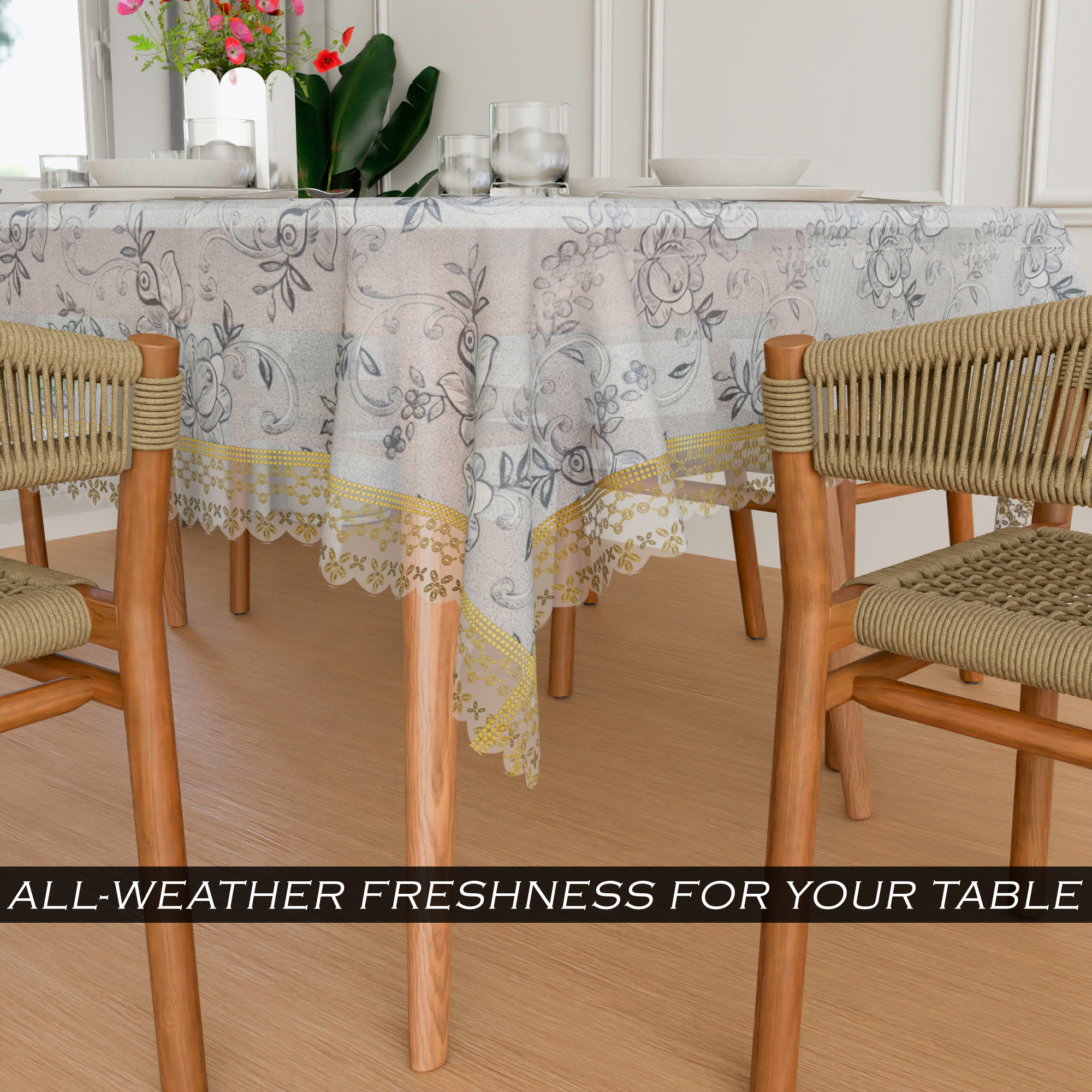 Kuber Industries Dining Table Cover  PVC Table Cover  Golden Embossed Lace Floral Table Cover  Table Protector  Table Cover for Dining Table  60x90  Transparent