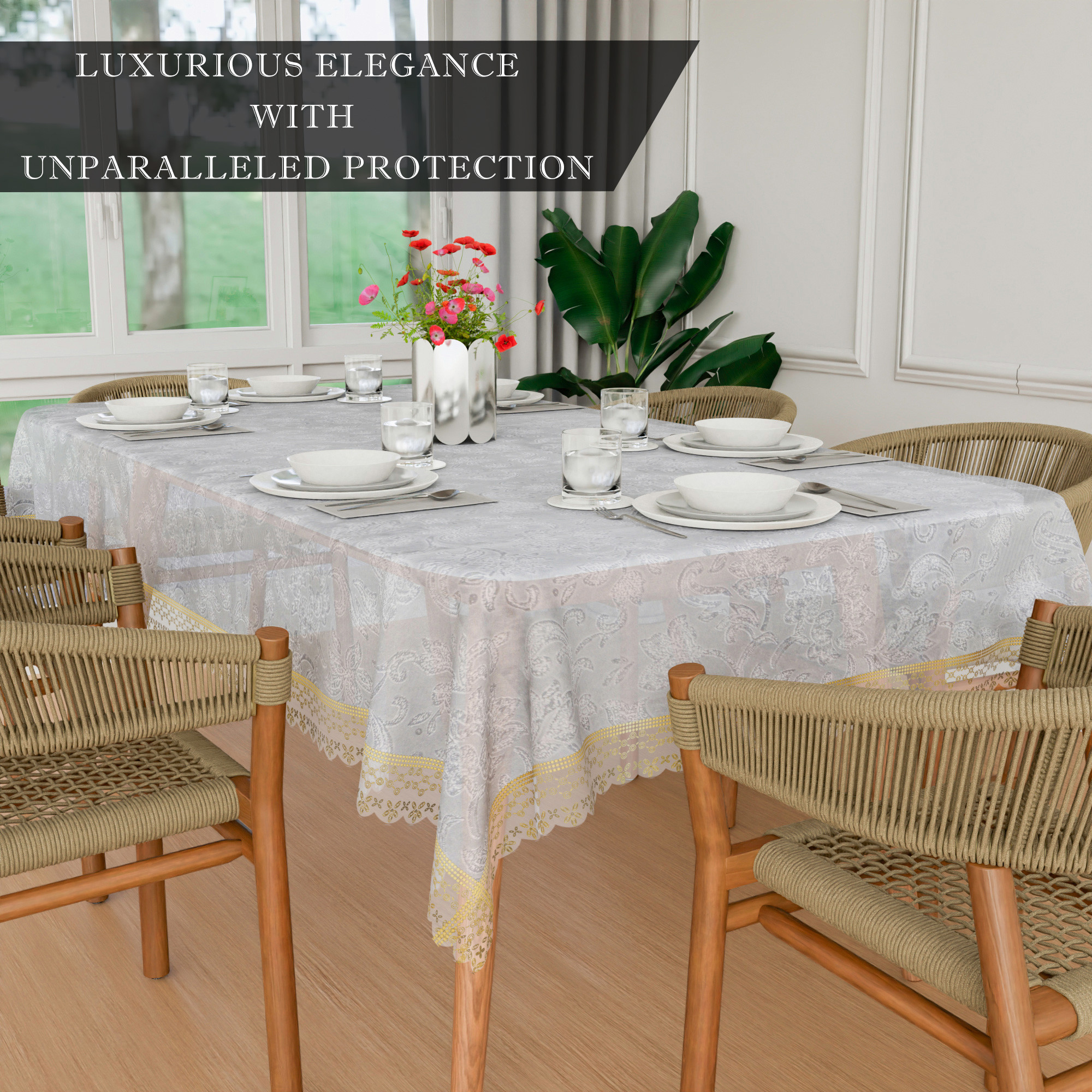 Kuber Industries Dining Table Cover  PVC Table Cover  Golden Embossed Lace Flower Table Cover  Table Protector  Table Cover for Dining Table  60x90  Transparent