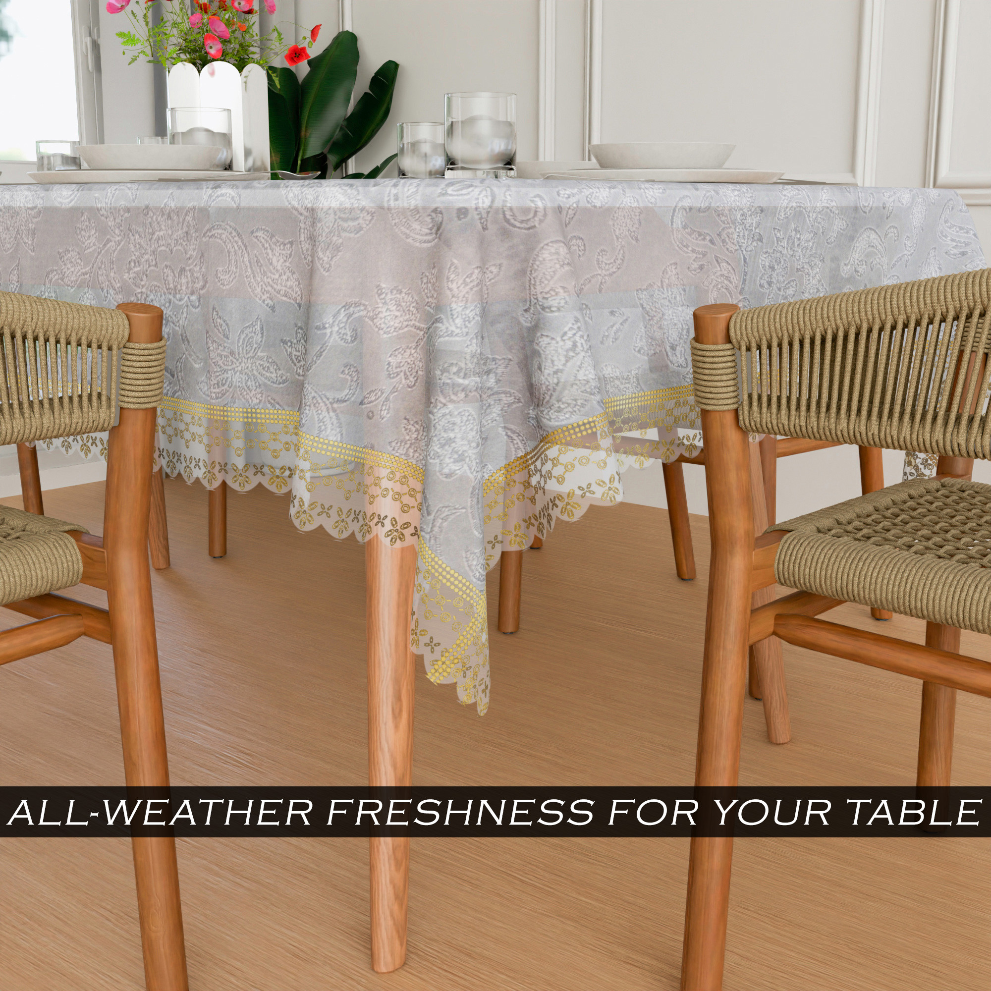 Kuber Industries Dining Table Cover  PVC Table Cover  Golden Embossed Lace Flower Table Cover  Table Protector  Table Cover for Dining Table  60x90  Transparent