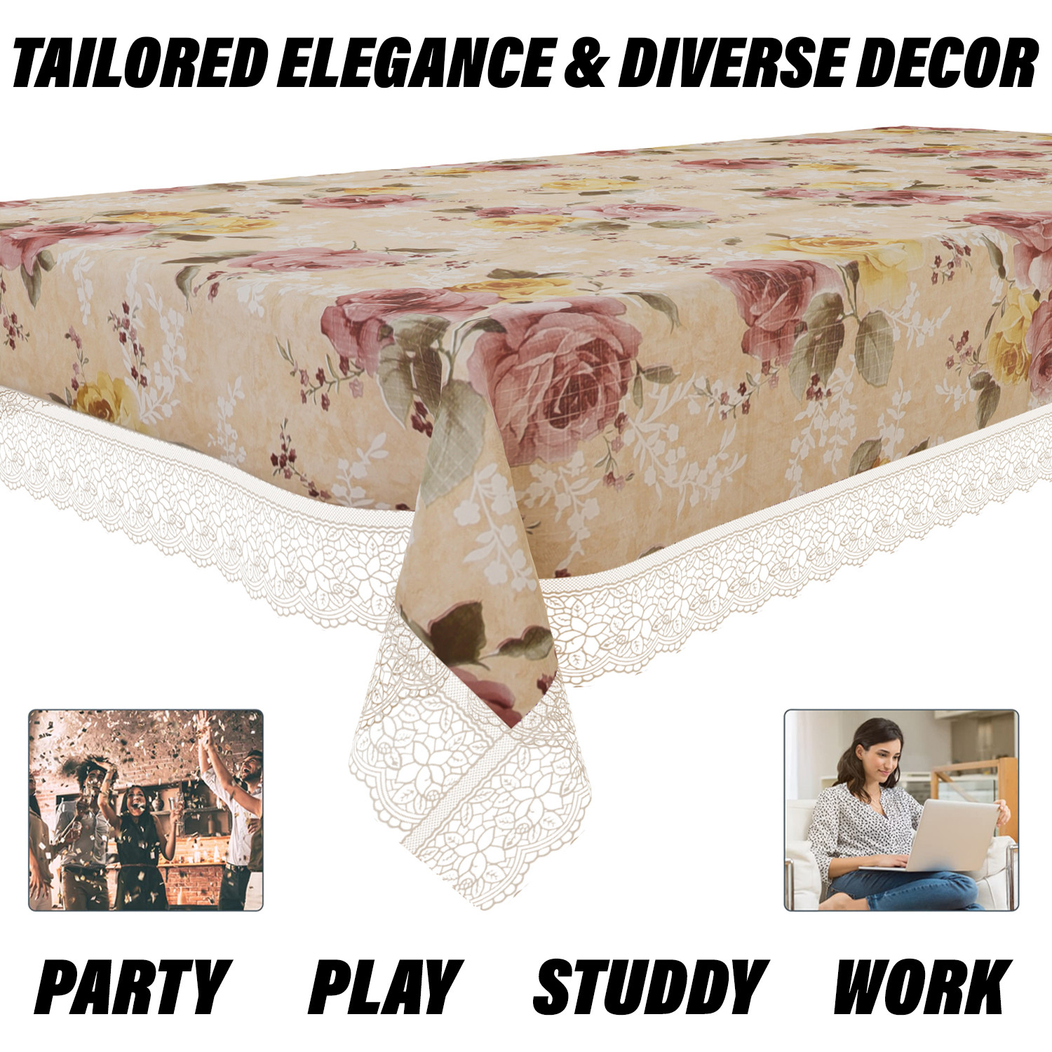 Kuber Industries Dining Table Cover  PVC Table Cover  Reusable Cloth Cover for Table Top  Flower Design Dining Table Cover  Table Protector Cover  60x90 Inch  Beige