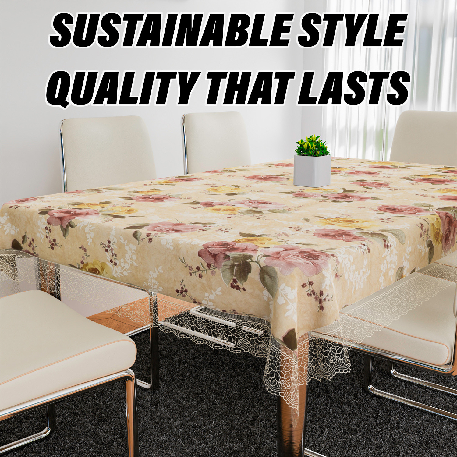 Kuber Industries Dining Table Cover  PVC Table Cover  Reusable Cloth Cover for Table Top  Flower Design Dining Table Cover  Table Protector Cover  60x90 Inch  Beige
