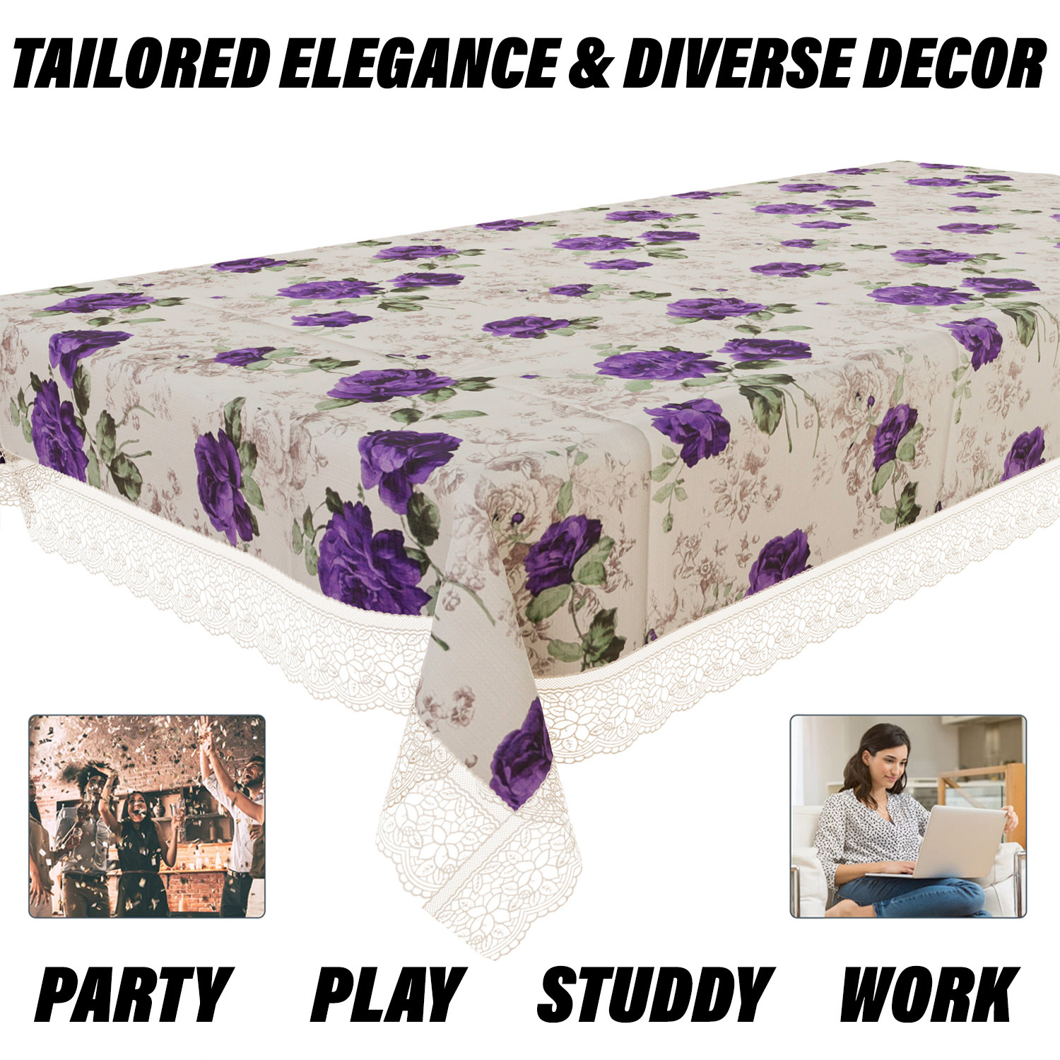 Kuber Industries Dining Table Cover  PVC Table Cover  Reusable Cloth Cover for Table Top  Purple Flower Dining Table Cover  Table Protector Cover  60x90 Inch  Cream