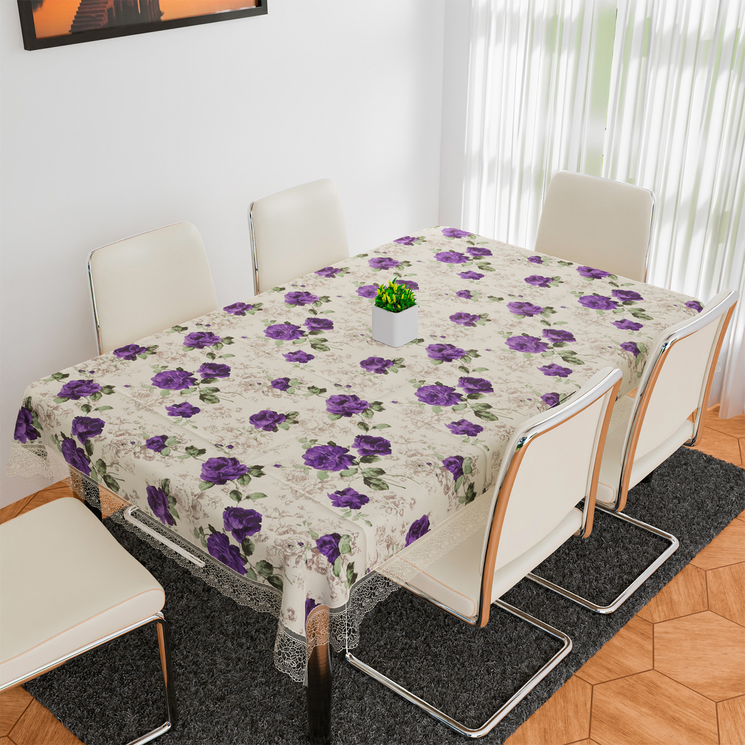 Kuber Industries Dining Table Cover | PVC Table Cover | Reusable Cloth Cover for Table Top | Purple Flower Dining Table Cover | Table Protector Cover | 60x90 Inch | Cream