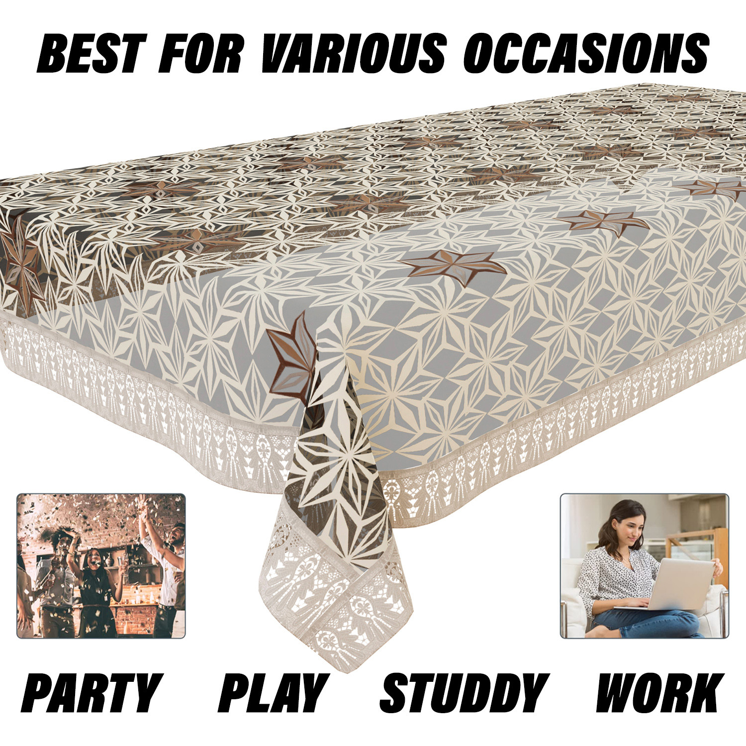 Kuber Industries Dining Table Cover  PVC Table Cover  Star Maiva Embroidery Table Cover  Table Protector  Table Cover for Dining Table  60X90 Inch  DTC  Cream