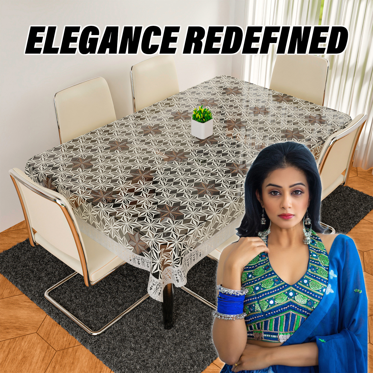 Kuber Industries Dining Table Cover  PVC Table Cover  Star Maiva Embroidery Table Cover  Table Protector  Table Cover for Dining Table  60X90 Inch  DTC  Cream