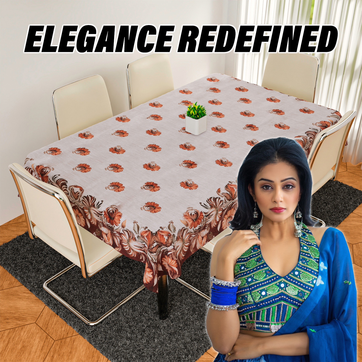 Kuber Industries Dining Table Cover  Velvet Sparkle Table Cover  Brown Digital Flower Table Cover  Table Protector  Table Cover for Dining Table  60X90 Inch  DTC  Golden