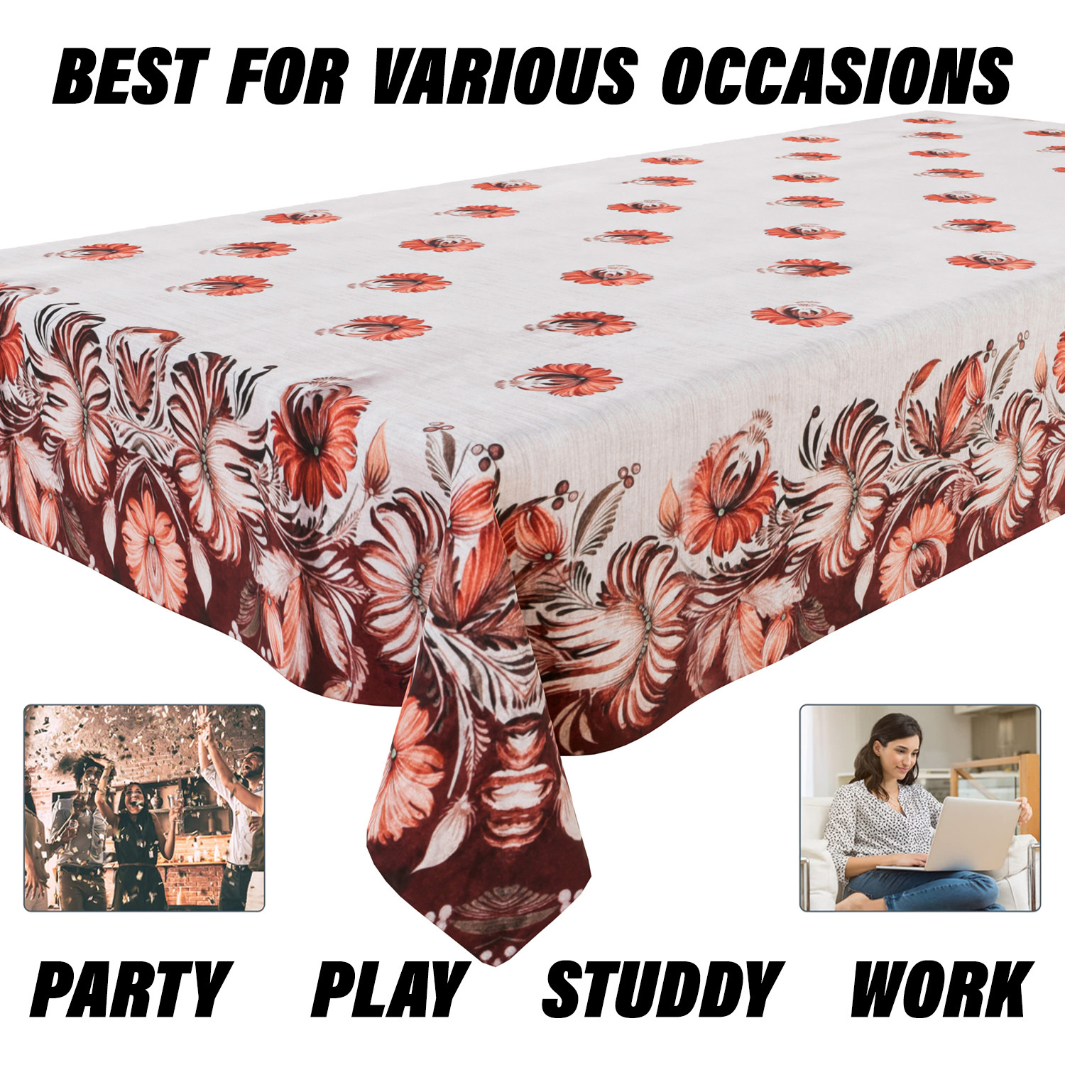 Kuber Industries Dining Table Cover  Velvet Sparkle Table Cover  Brown Digital Flower Table Cover  Table Protector  Table Cover for Dining Table  60X90 Inch  DTC  Cream