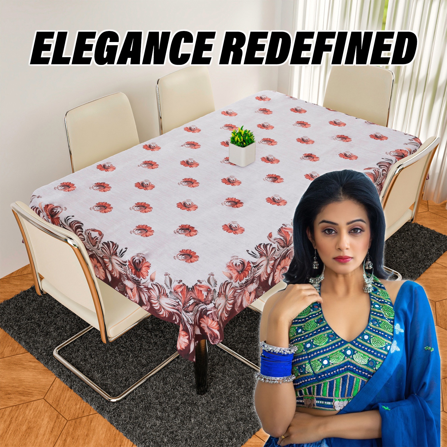 Kuber Industries Dining Table Cover  Velvet Sparkle Table Cover  Brown Digital Flower Table Cover  Table Protector  Table Cover for Dining Table  60X90 Inch  DTC  Cream