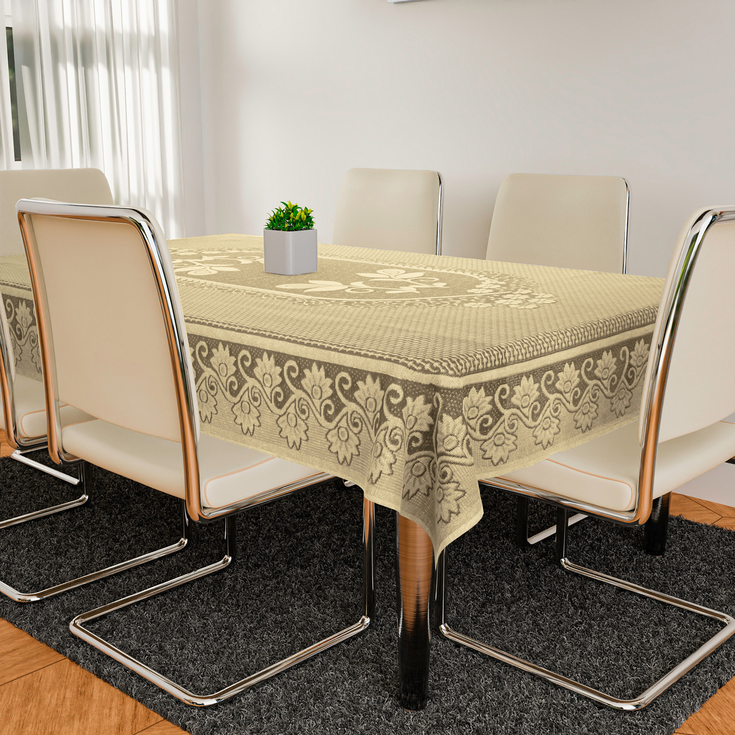 Kuber Industries Dining Table Cover| Luxurious Net Floral S-19 Design|Cotton Anti Skid & Waterproof Tablecloth for Home Decoration|60X90 Inch (Cream)