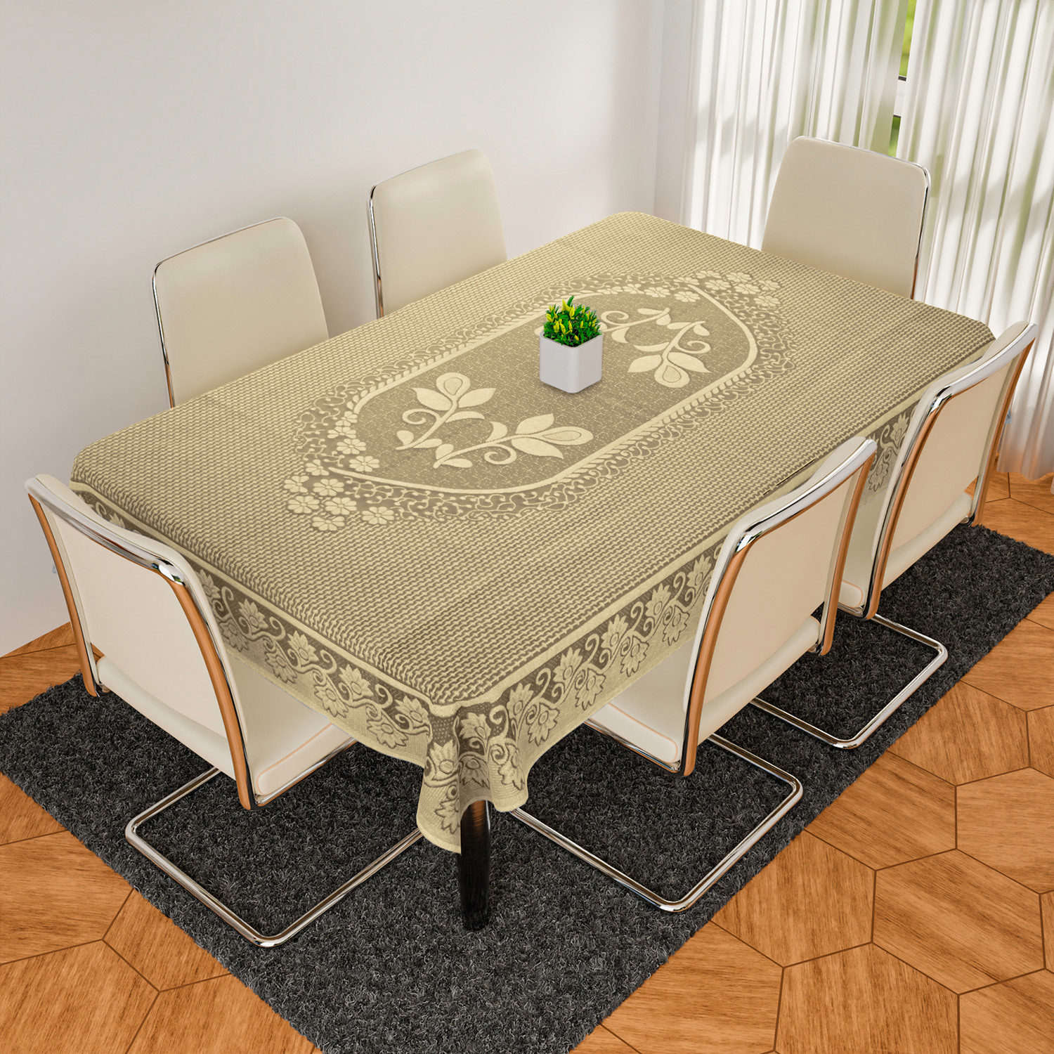 Kuber Industries Dining Table Cover| Luxurious Net Floral S-19 Design|Cotton Anti Skid & Waterproof Tablecloth for Home Decoration|60X90 Inch (Cream)