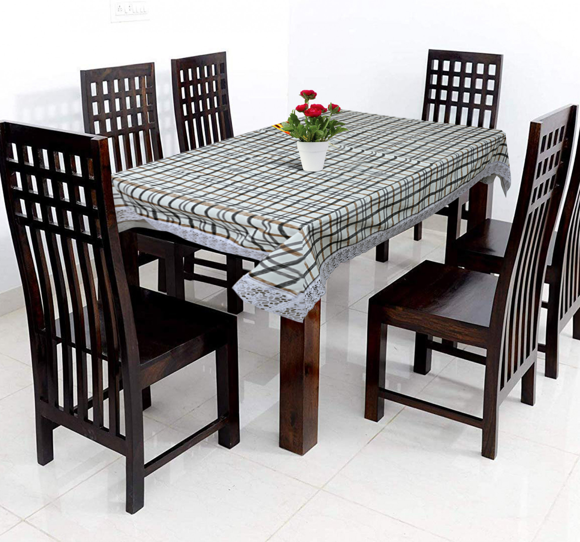 Kuber Industries Dining Table Cover Tablecloth Waterproof Protector 6 Seater With Check Printed, 60 X 90 Inches Rectangle (Cream)