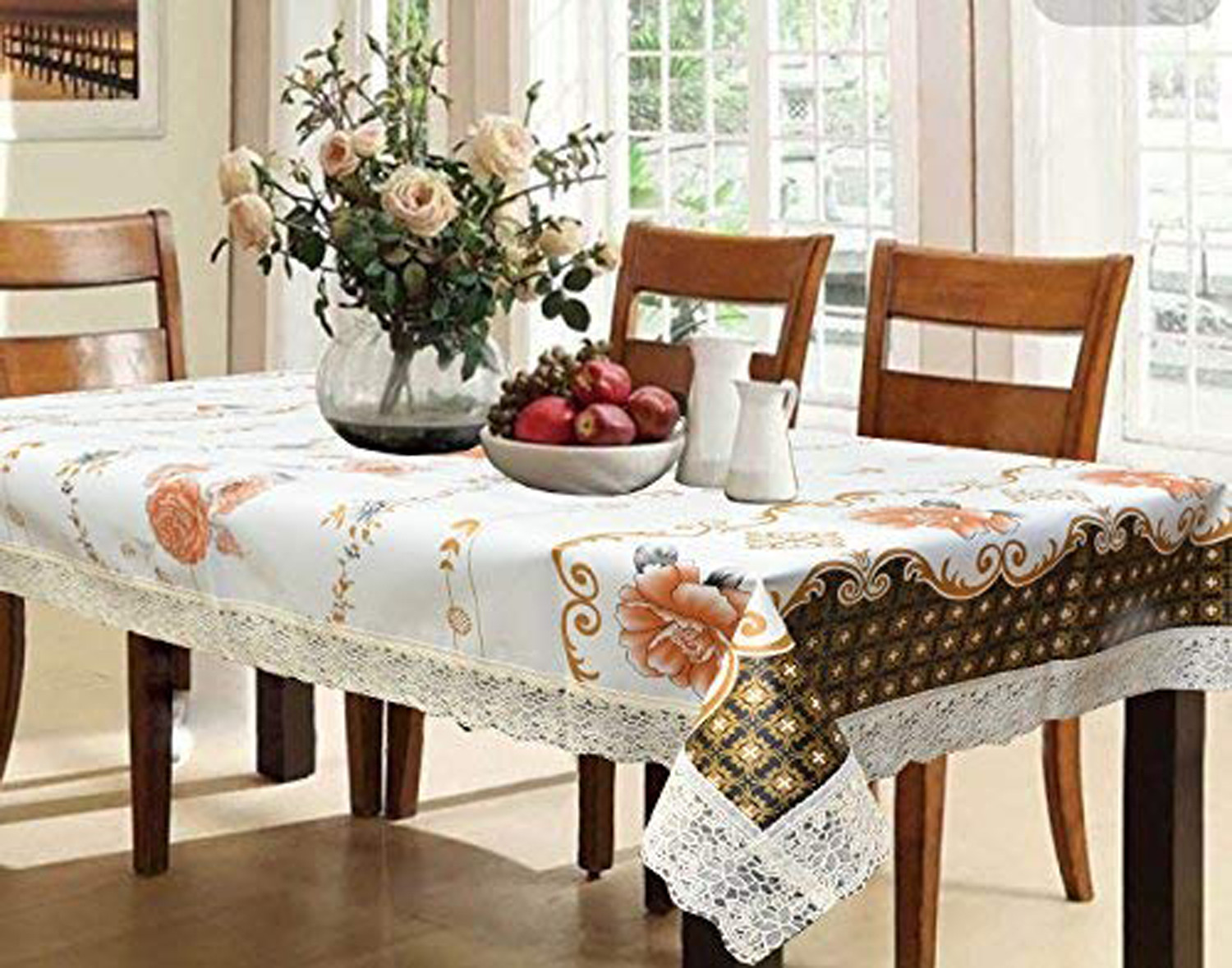Kuber Industries Dining Table Cover Tablecloth Waterproof Protector 6 Seater With Flower Printed, 60 X 90 Inches Rectangle (White)