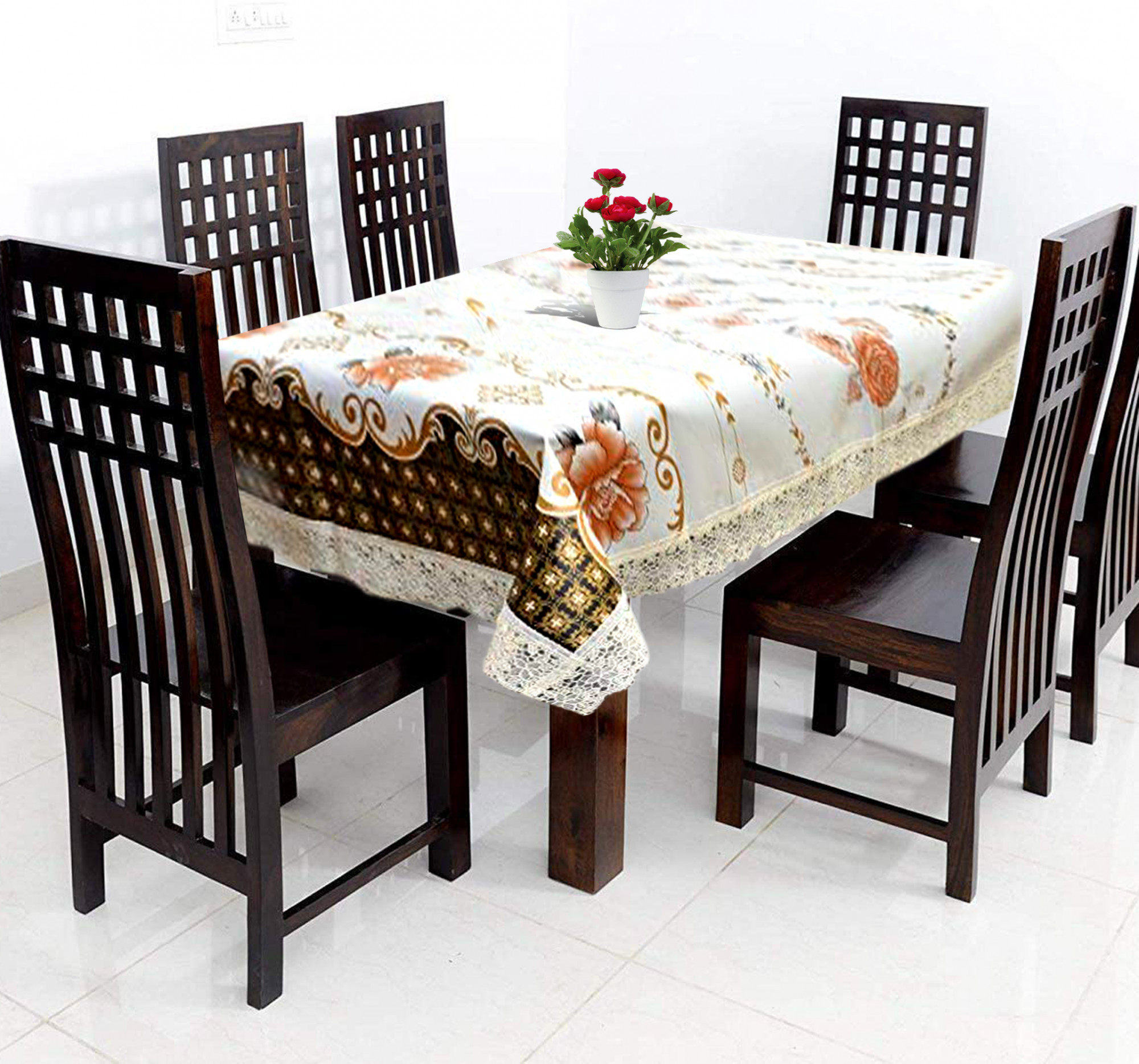 Kuber Industries Dining Table Cover Tablecloth Waterproof Protector 6 Seater With Flower Printed, 60 X 90 Inches Rectangle (White)