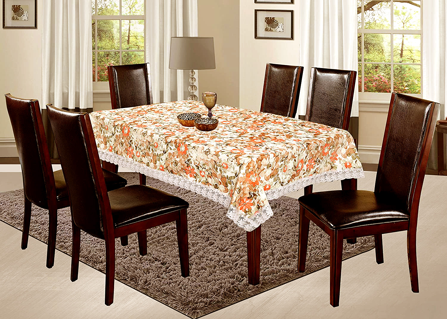Kuber Industries Dining Table Cover Tablecloth Waterproof Protector 6 Seater With Flower Printed, 60 X 90 Inches Rectangle (Cream)
