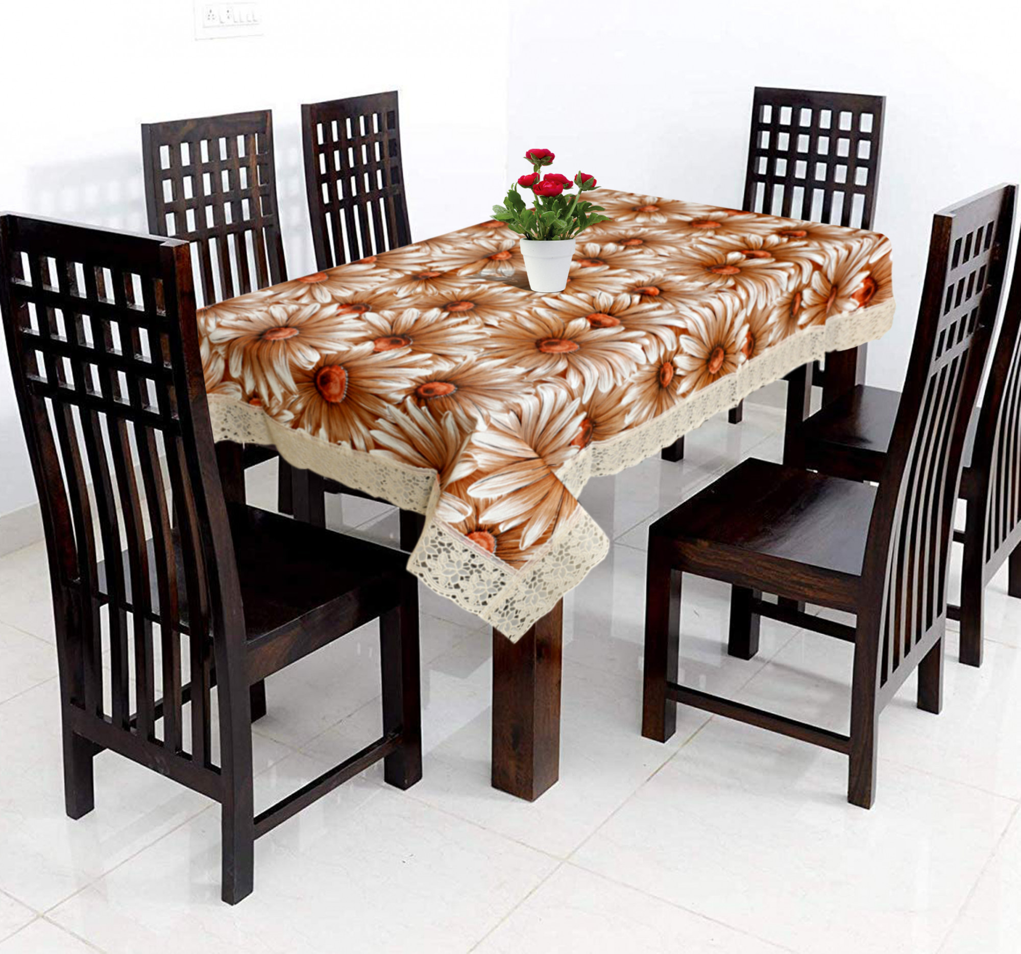 Kuber Industries Dining Table Cover Tablecloth Waterproof Protector 6 Seater With Flower Printed, 60 X 90 Inches Rectangle (Brown)