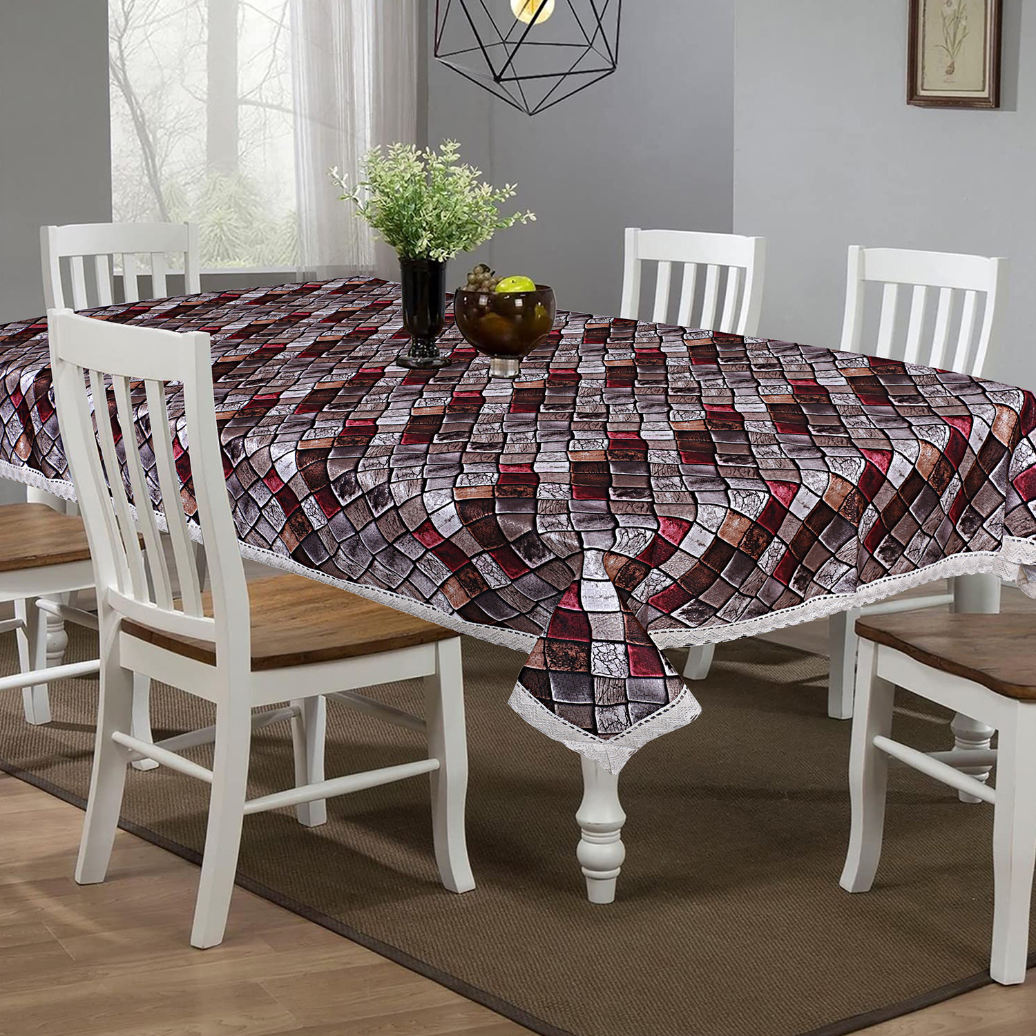 Kuber Industries Dining Table Cover|Faux Silk Spill Proof Block Pattern Tablecloth|Kitchen Dinning Protector With Jutelace Border, 60X90 Inch (Multicolor)