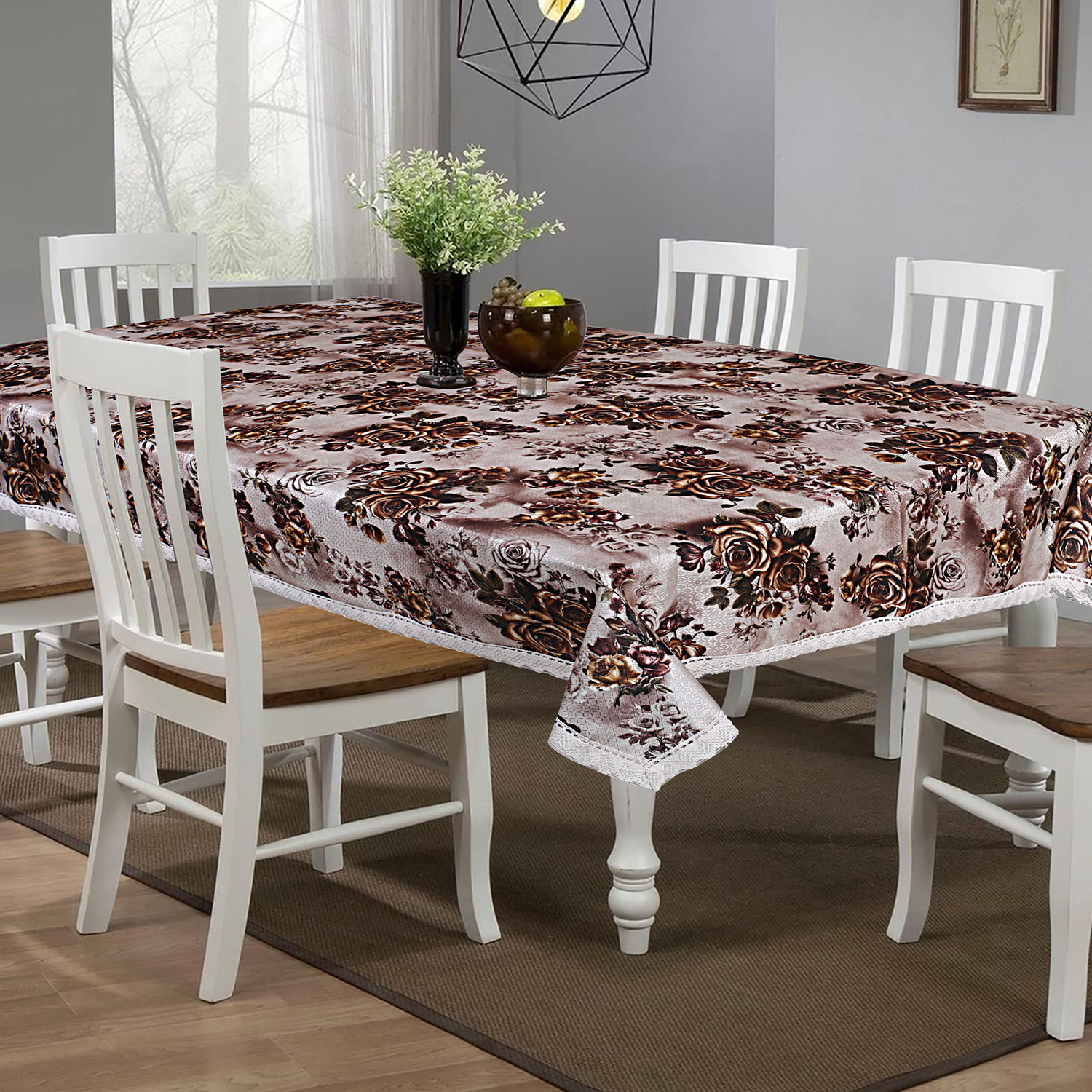 Kuber Industries Dining Table Cover|Faux Silk Spill Proof Gold Rose Pattern Tablecloth|Kitchen Dinning Protector With Jutelace Border, 60X90 Inch (Gold)