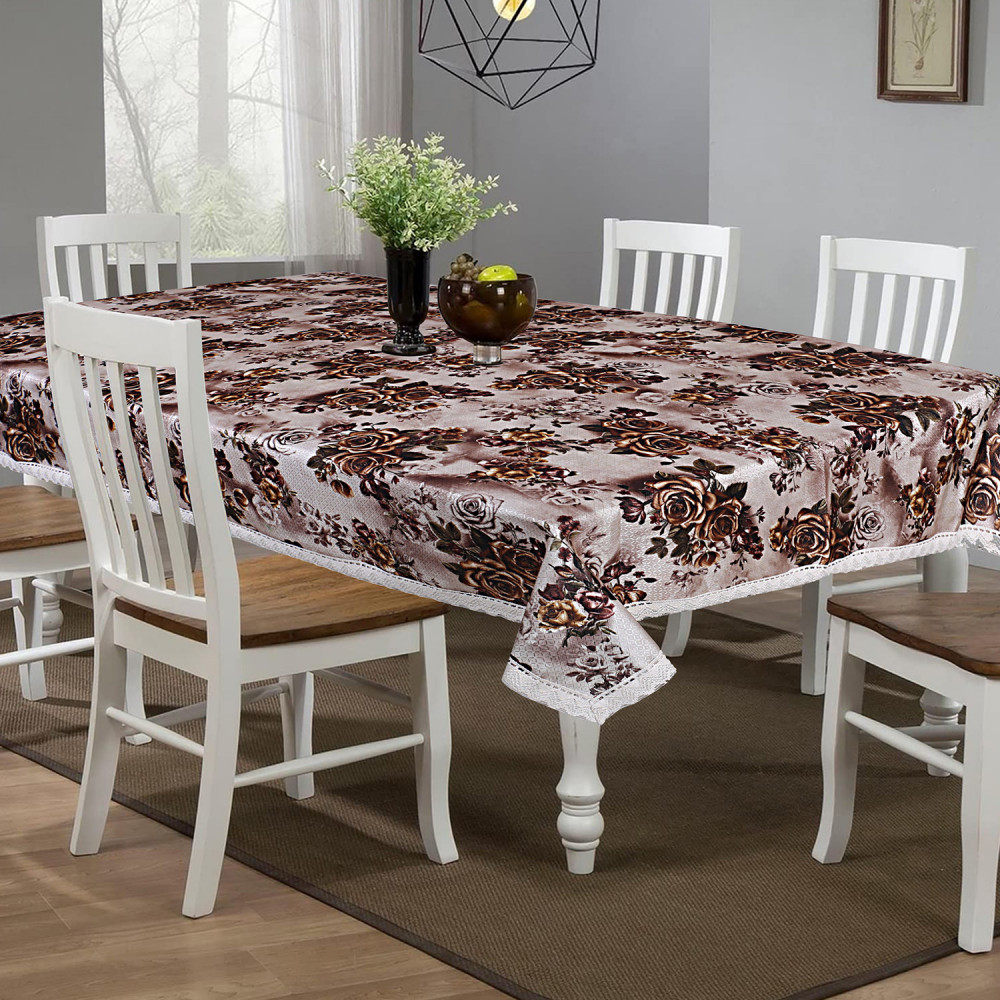 Kuber Industries Dining Table Cover|Faux Silk Spill Proof Gold Rose Pattern Tablecloth|Kitchen Dinning Protector With Jutelace Border, 60X90 Inch (Gold)