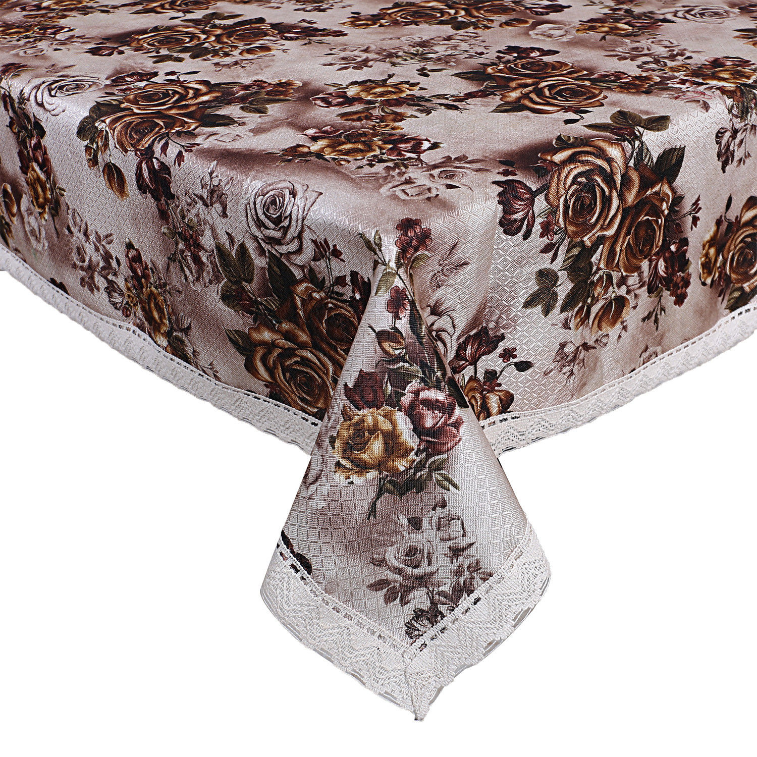 Kuber Industries Dining Table Cover|Faux Silk Spill Proof Gold Rose Pattern Tablecloth|Kitchen Dinning Protector With Jutelace Border, 60X90 Inch (Gold)