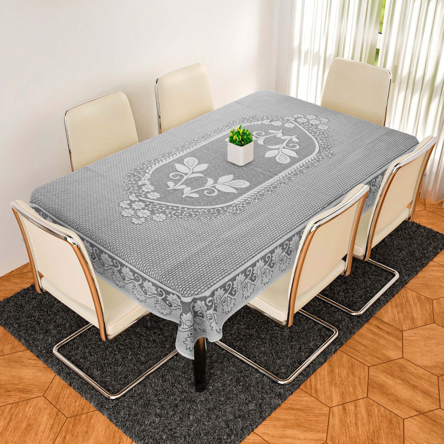 Kuber Industries Dining Table Cover|Luxurious Net Floral S-19 Design|Cotton Anti Skid & Waterproof Tablecloth for Home Decoration|60X90 Inch (White)