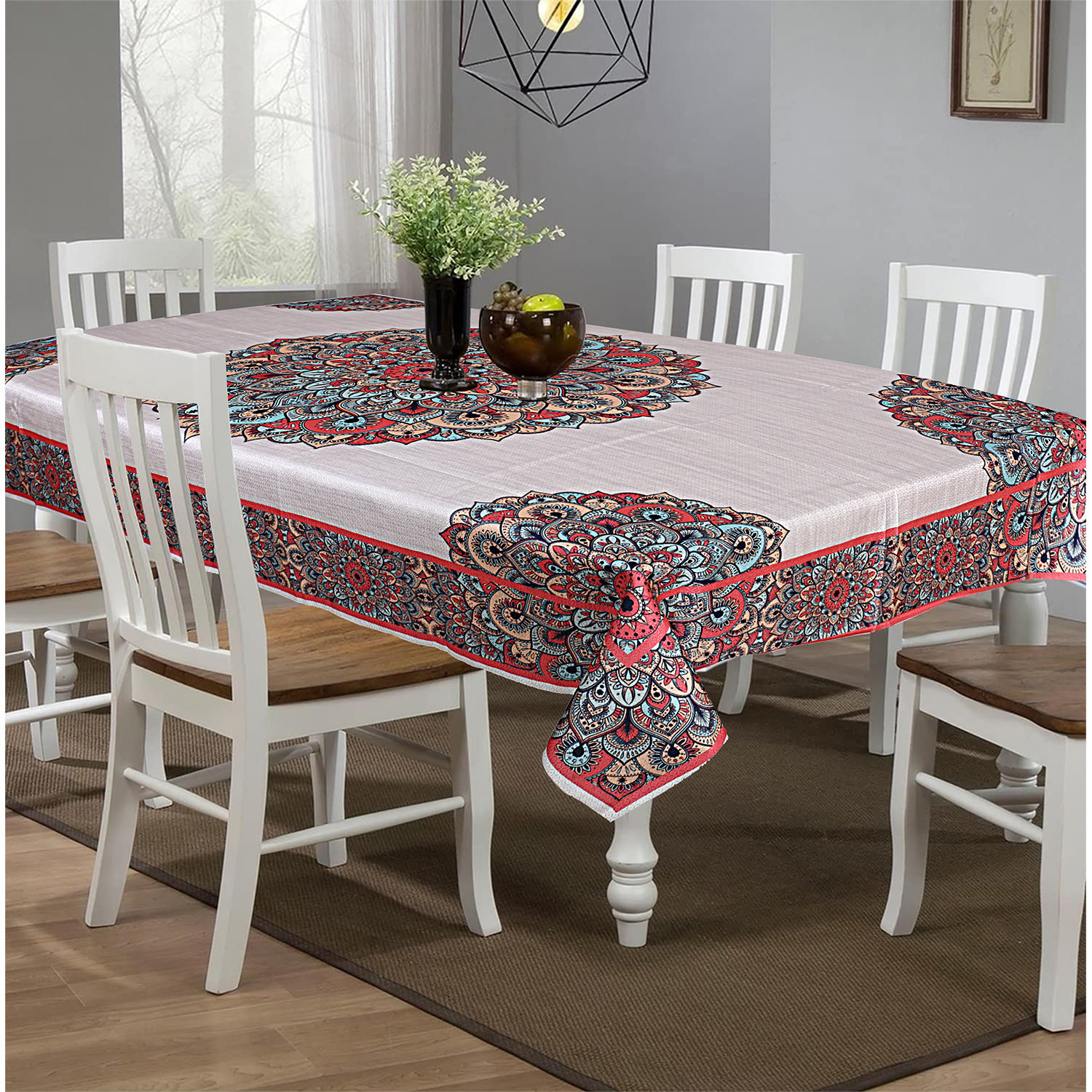 Kuber Industries Dining Table Cover|Poly Cotton Stain-Resistant & Dust-Proof Rangoli Pattern|Tablecloth Protector for Home Decoration, 60X90 Inch (Peach)