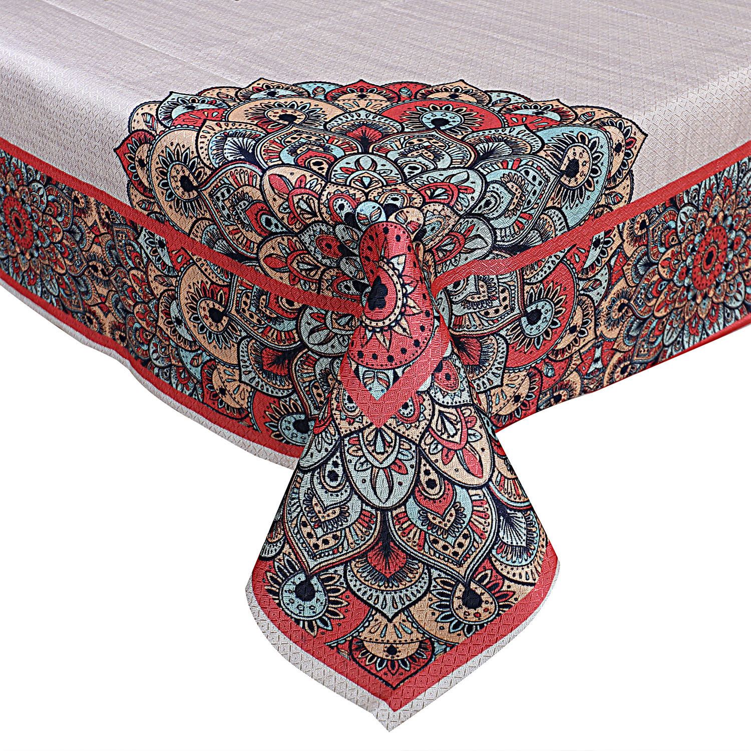 Kuber Industries Dining Table Cover|Poly Cotton Stain-Resistant & Dust-Proof Rangoli Pattern|Tablecloth Protector for Home Decoration, 60X90 Inch (Peach)