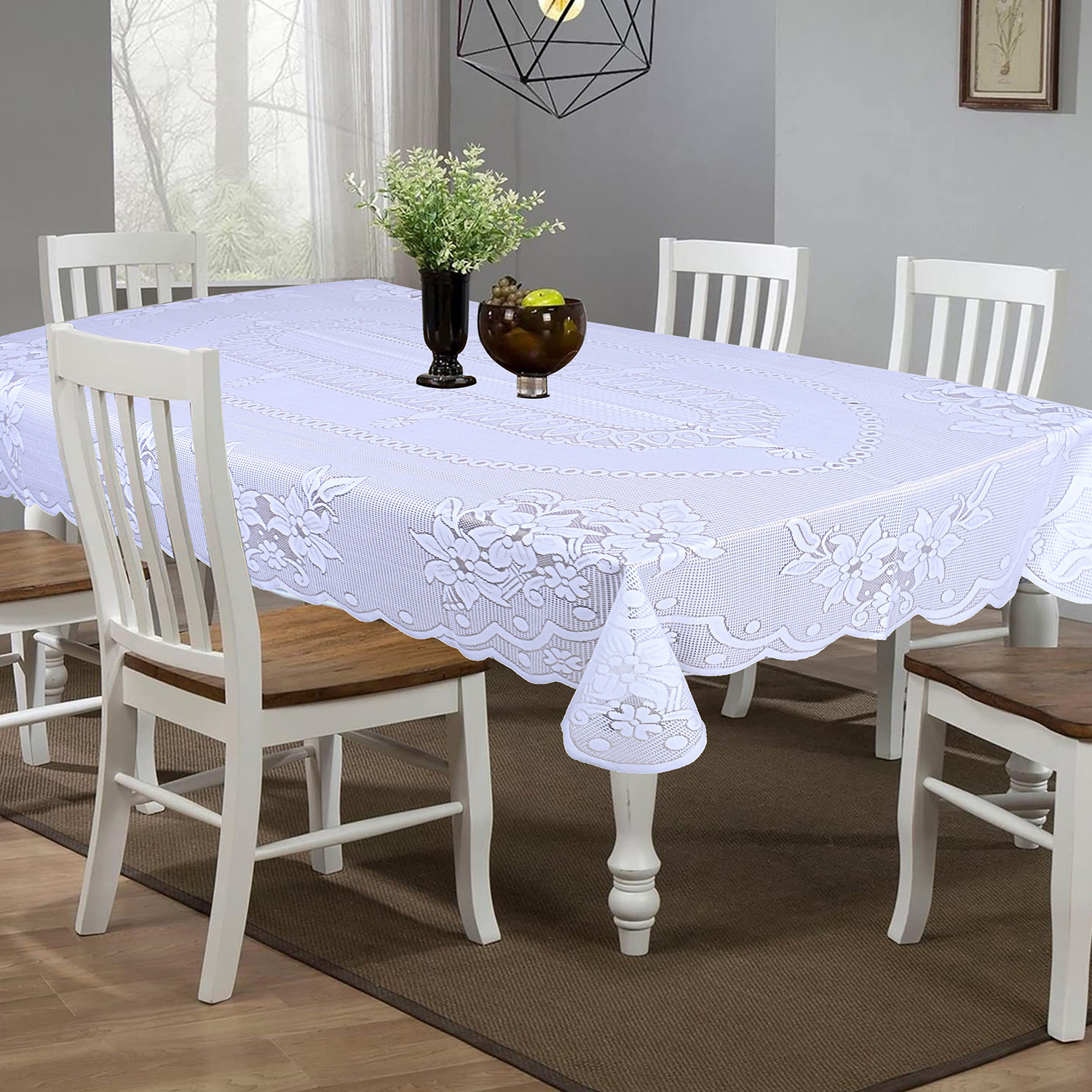 Kuber Industries Dining Table CoverPoly Cotton Stain-Resistant Floral PatternNet Tablecloth Protector for Home Decoration 60X90 Inch White