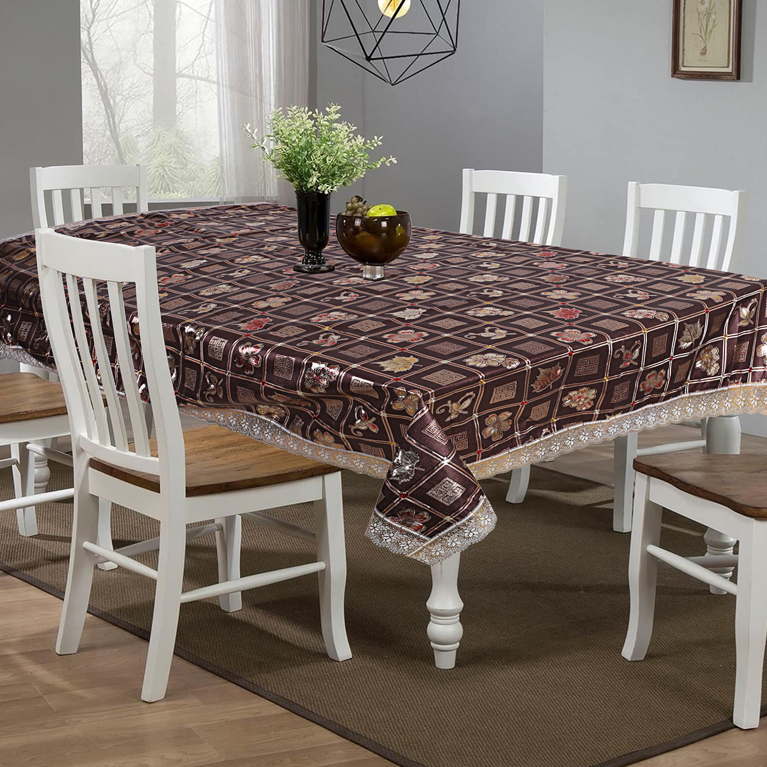 Kuber Industries Dining Table Cover|PVC Spill Proof Geometric Pattern Tablecloth|Kitchen Dinning Protector With Seamless Border, 60X90 Inch (Gold)