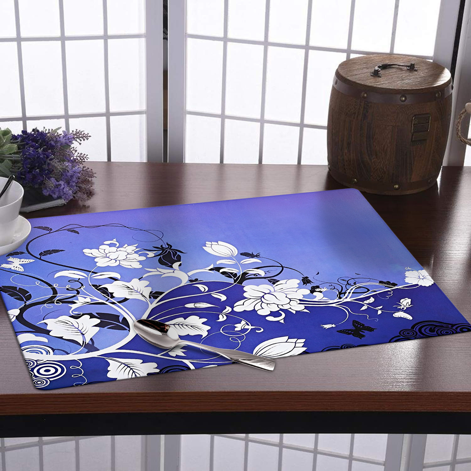 Kuber Industries Dining Table Mat | PVC Blue & White Flower Print | Table Mat | Placemats for Kitchen | Refrigerator Liners Mats | Shelf Liner Mat | Set of 6 | Multicolor