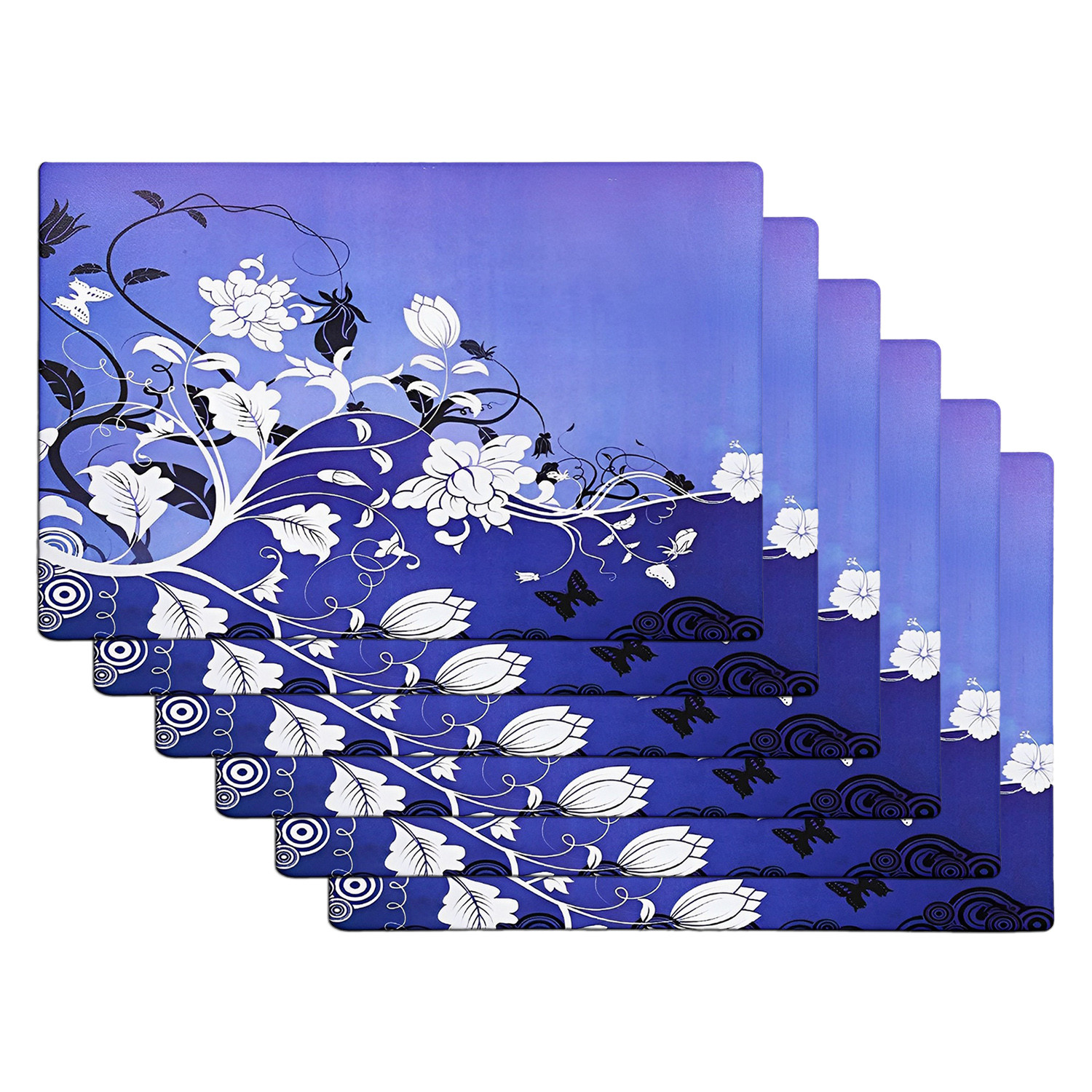 Kuber Industries Dining Table Mat | PVC Blue & White Flower Print | Table Mat | Placemats for Kitchen | Refrigerator Liners Mats | Shelf Liner Mat | Set of 6 | Multicolor