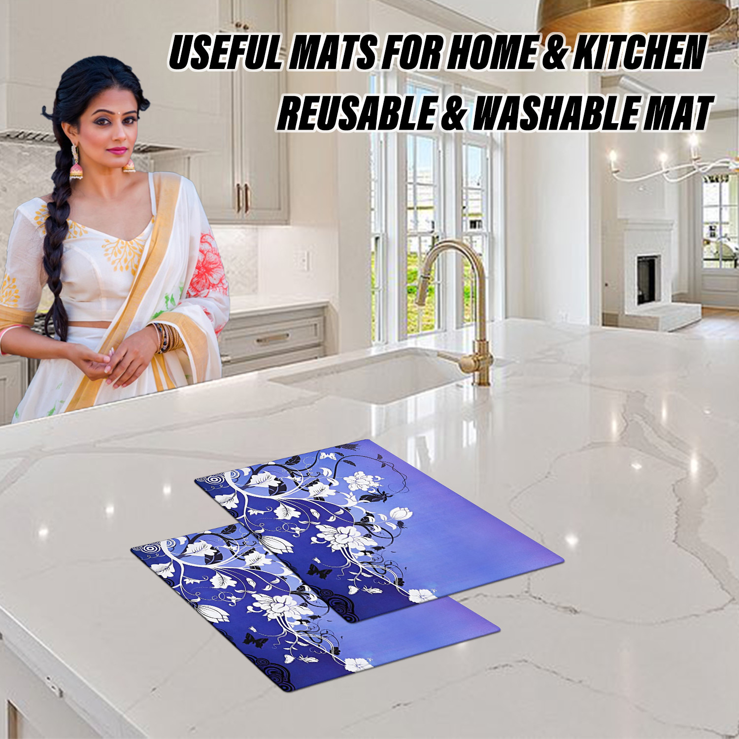 Kuber Industries Dining Table Mat | PVC Blue & White Flower Print | Table Mat | Placemats for Kitchen | Refrigerator Liners Mats | Shelf Liner Mat | Set of 6 | Multicolor