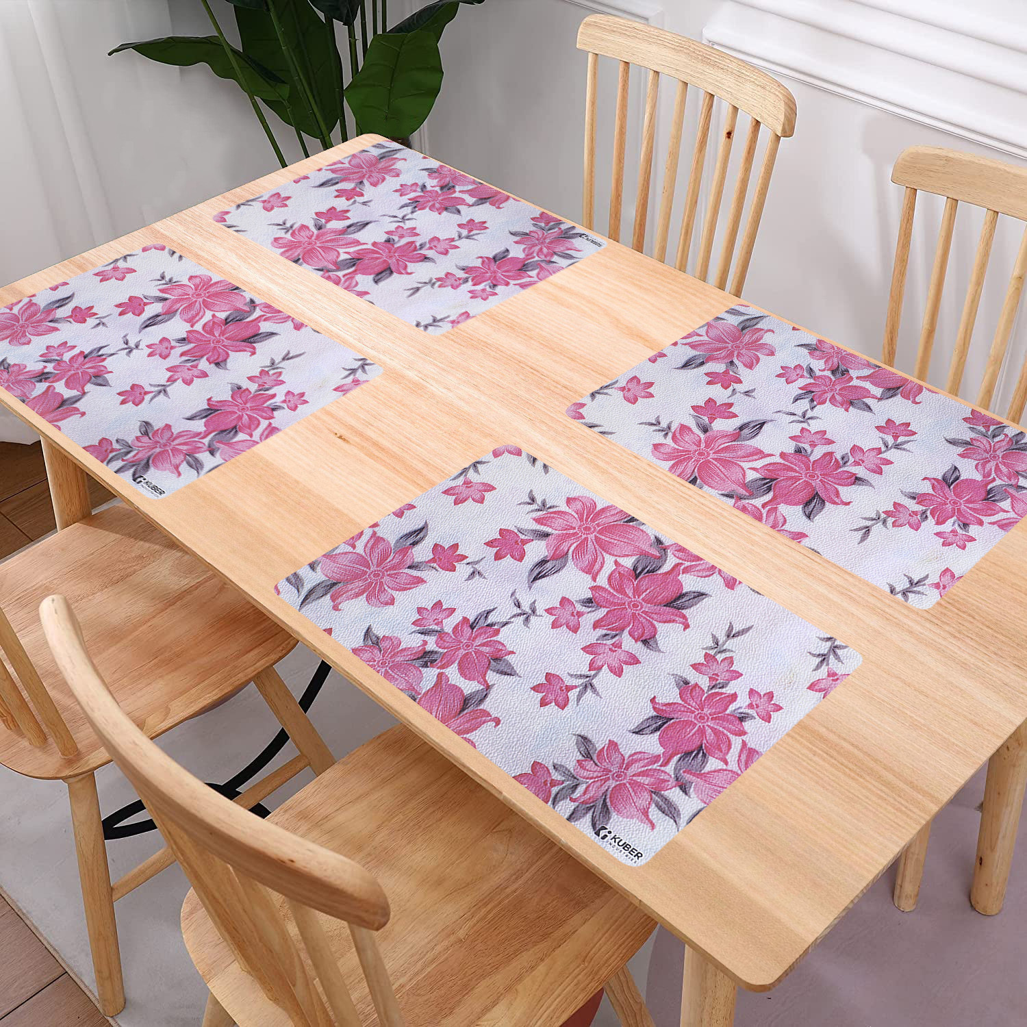 Kuber Industries Dining Table Mat | PVC Cream & Pink Flower Print | Table Mat | Placemats for Kitchen | Refrigerator Liners Mats | Shelf Liner Mat | Set of 6 | Multicolor
