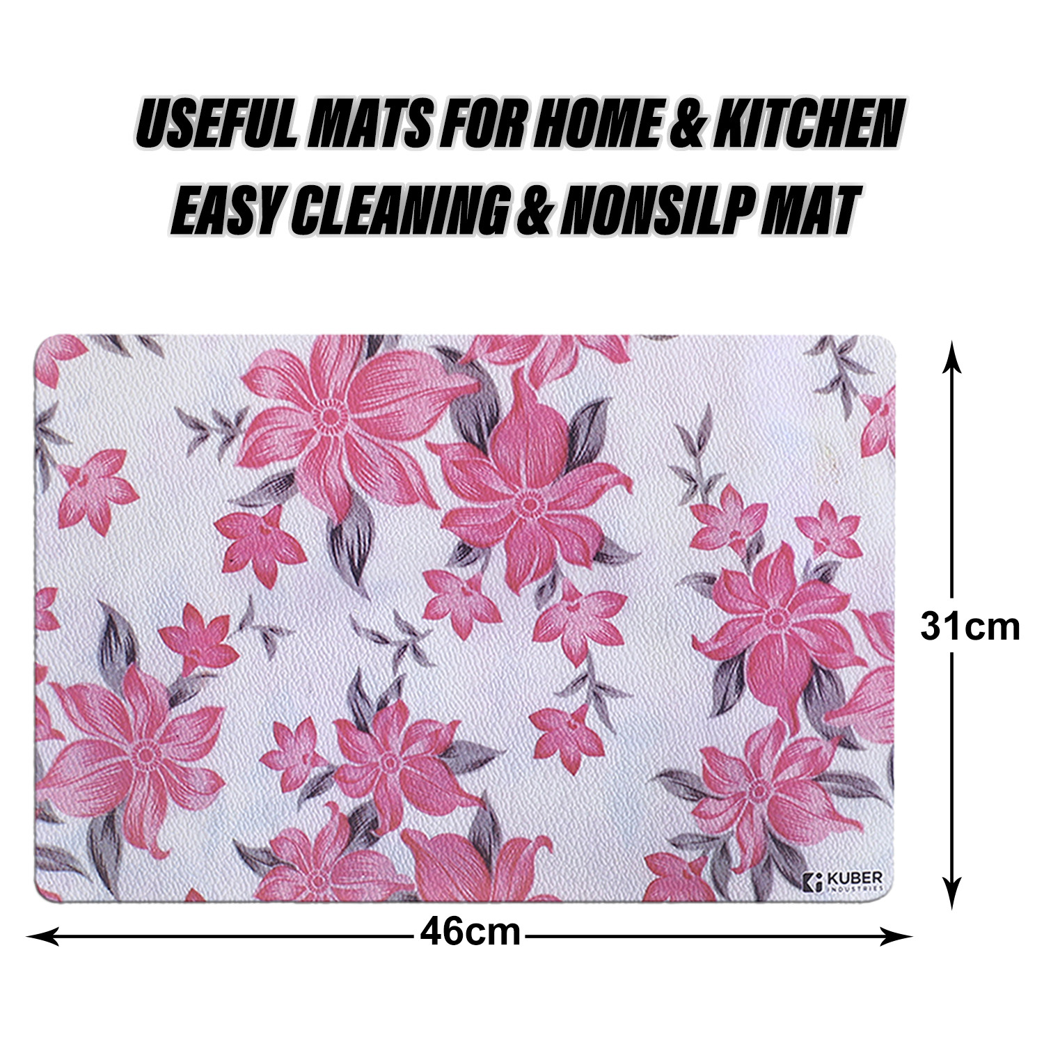 Kuber Industries Dining Table Mat | PVC Cream & Pink Flower Print | Table Mat | Placemats for Kitchen | Refrigerator Liners Mats | Shelf Liner Mat | Set of 6 | Multicolor