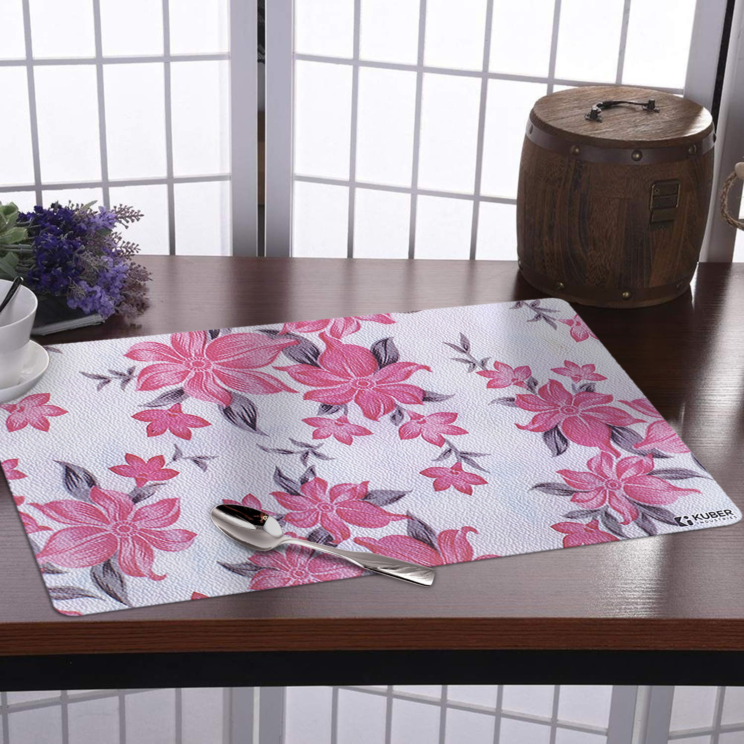 Kuber Industries Dining Table Mat | PVC Cream & Pink Flower Print | Table Mat | Placemats for Kitchen | Refrigerator Liners Mats | Shelf Liner Mat | Set of 6 | Multicolor