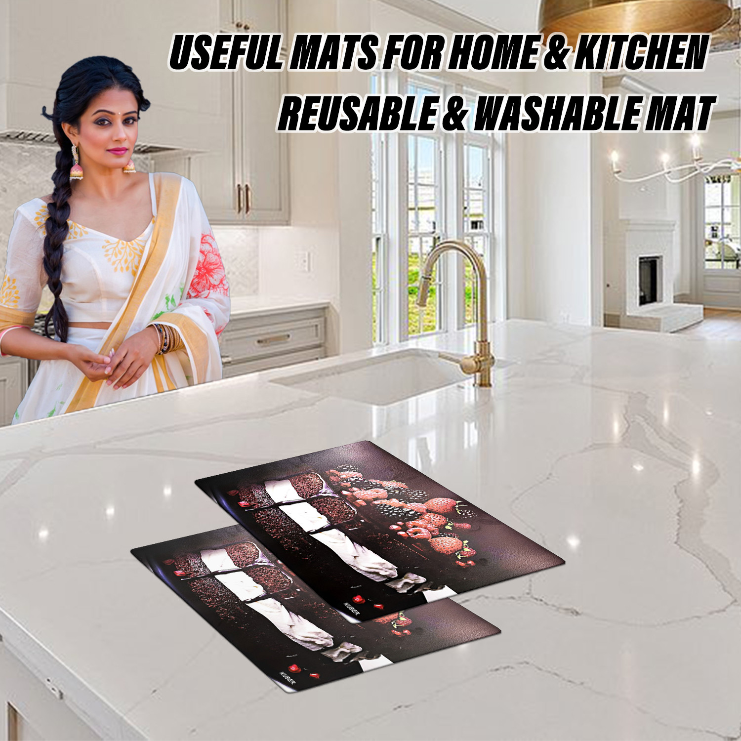 Kuber Industries Dining Table Mat | PVC Fruits Print | Table Mat | Placemats for Kitchen | Refrigerator Liners Mats | Shelf Liner Mat | Set of 6 | Brown