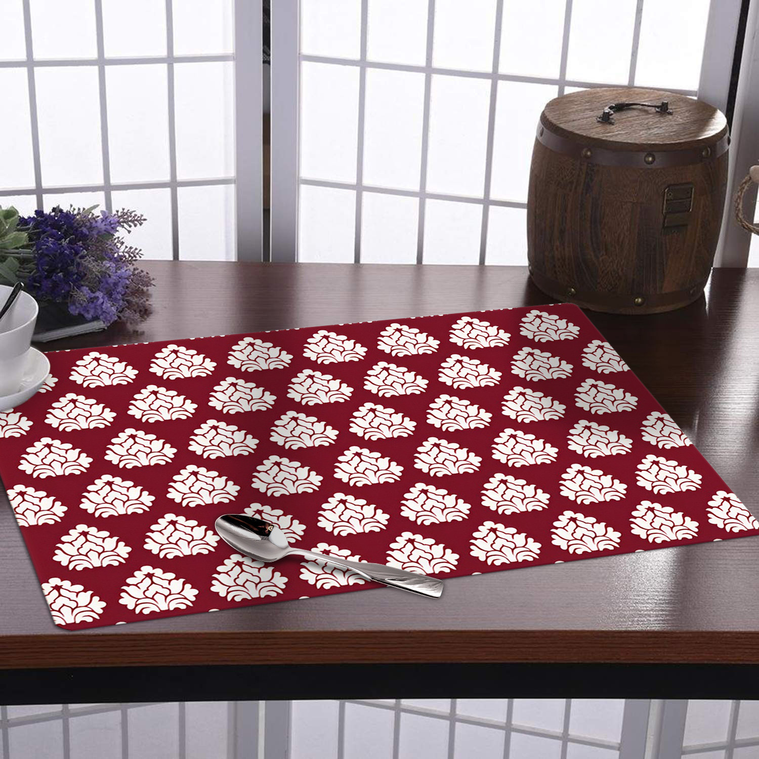 Kuber Industries Dining Table Mat | PVC Maroon Square Print | Table Mat | Placemats for Kitchen | Refrigerator Liners Mats | Shelf Liner Mat | Set of 6 | Maroon