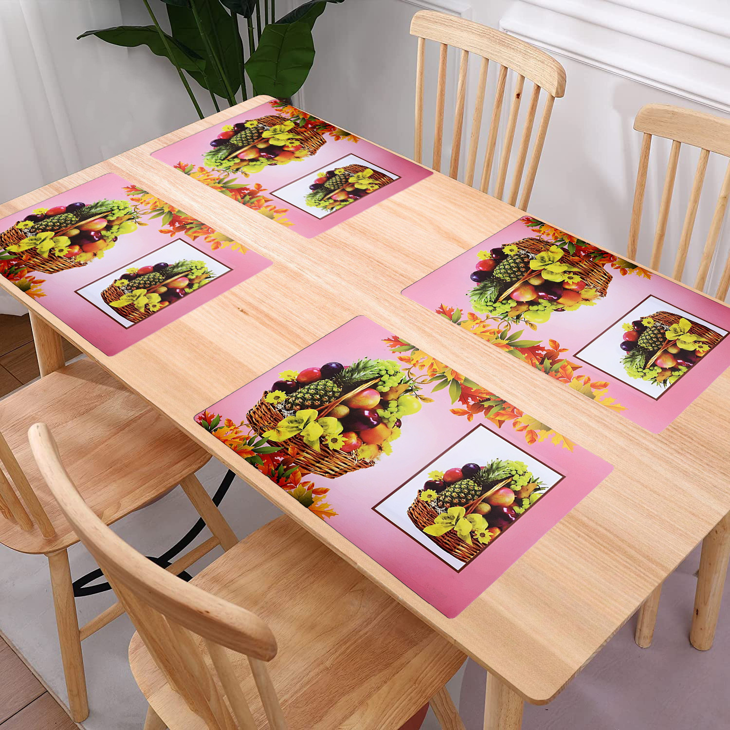 Kuber Industries Dining Table Mat | PVC Pink Fruit Basket Print | Table Mat | Placemats for Kitchen | Refrigerator Liners Mats | Shelf Liner Mat | Set of 6 | Pink