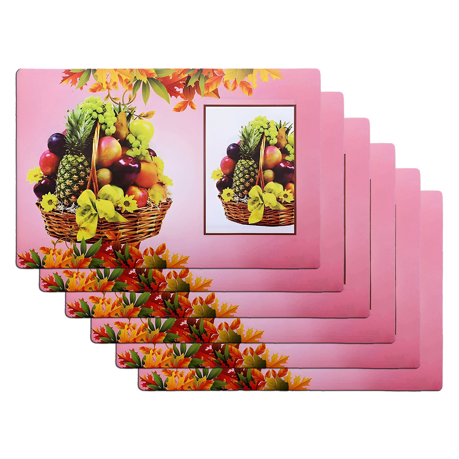 Kuber Industries Dining Table Mat | PVC Pink Fruit Basket Print | Table Mat | Placemats for Kitchen | Refrigerator Liners Mats | Shelf Liner Mat | Set of 6 | Pink