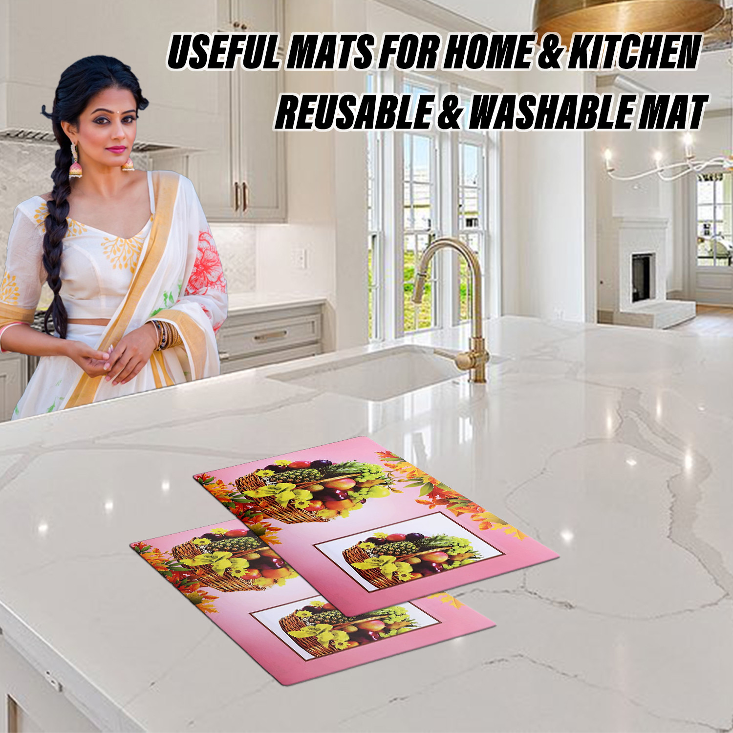 Kuber Industries Dining Table Mat | PVC Pink Fruit Basket Print | Table Mat | Placemats for Kitchen | Refrigerator Liners Mats | Shelf Liner Mat | Set of 6 | Pink