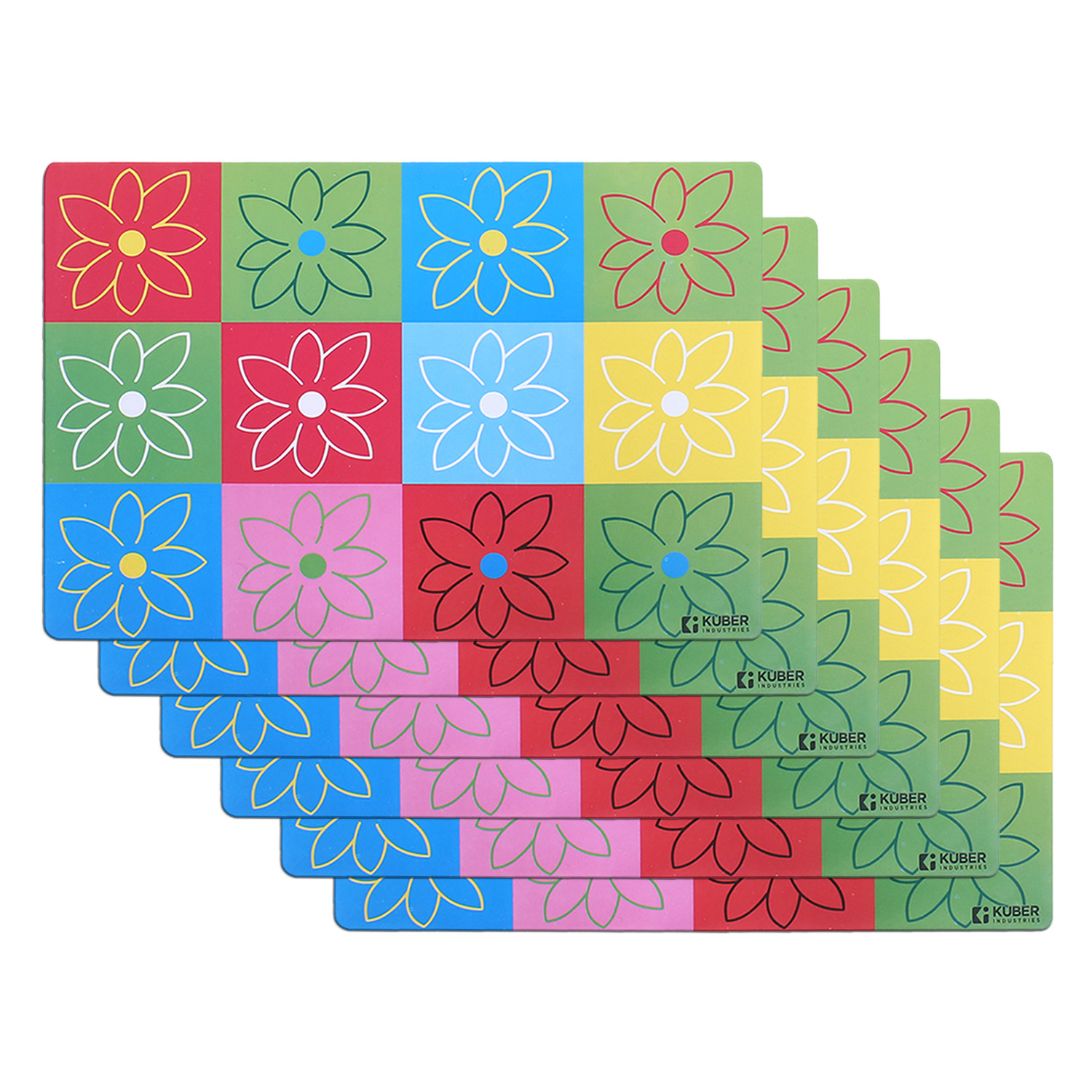 Kuber Industries Dining Table Mat | PVC Yellow Check Flower Print | Table Mat | Placemats for Kitchen | Refrigerator Liners Mats | Shelf Liner Mat | Set of 6 | Multicolor