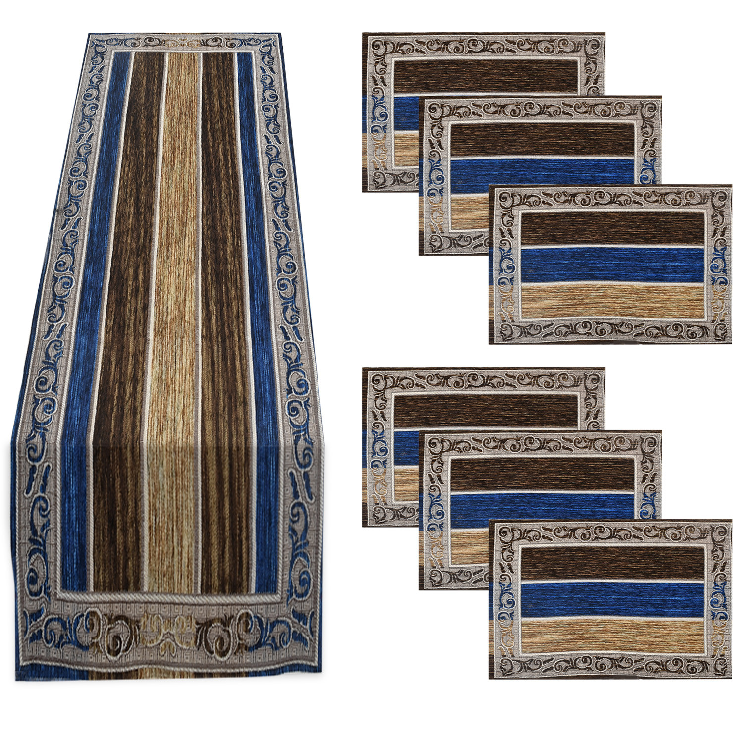 Kuber Industries Dining Table Runner Set|Rich Fabric Damask Pattern Table Mat|Multiclored Strips 6 Placemats for Restaurant & Home Decor,Set of 1 (Blue)