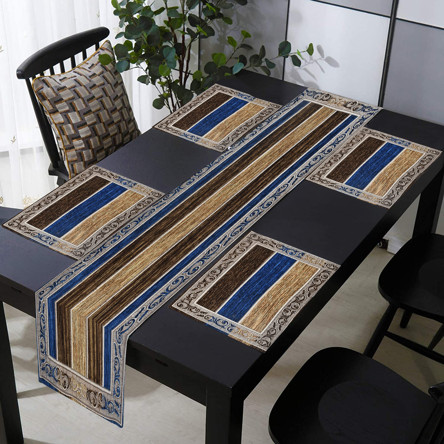 Kuber Industries Dining Table Runner Set|Rich Fabric Damask Pattern Table Mat|Multiclored Strips 6 Placemats for Restaurant & Home Decor,Set of 1 (Blue)
