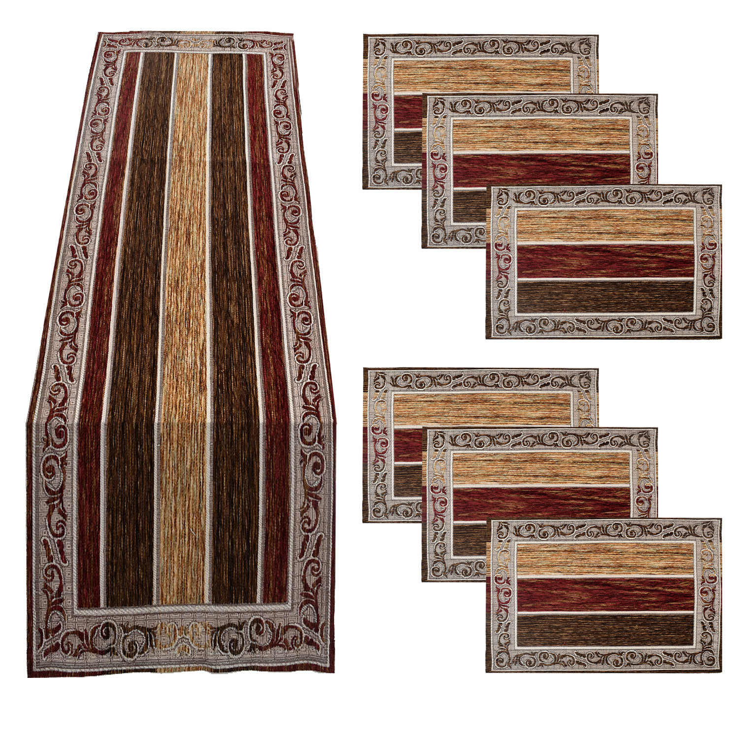 Kuber Industries Dining Table Runner Set|Rich Fabric Damask Pattern Table Mat|Multiclored Strips 6 Placemats for Restaurant & Home Decor,Set of 1 (Maroon)