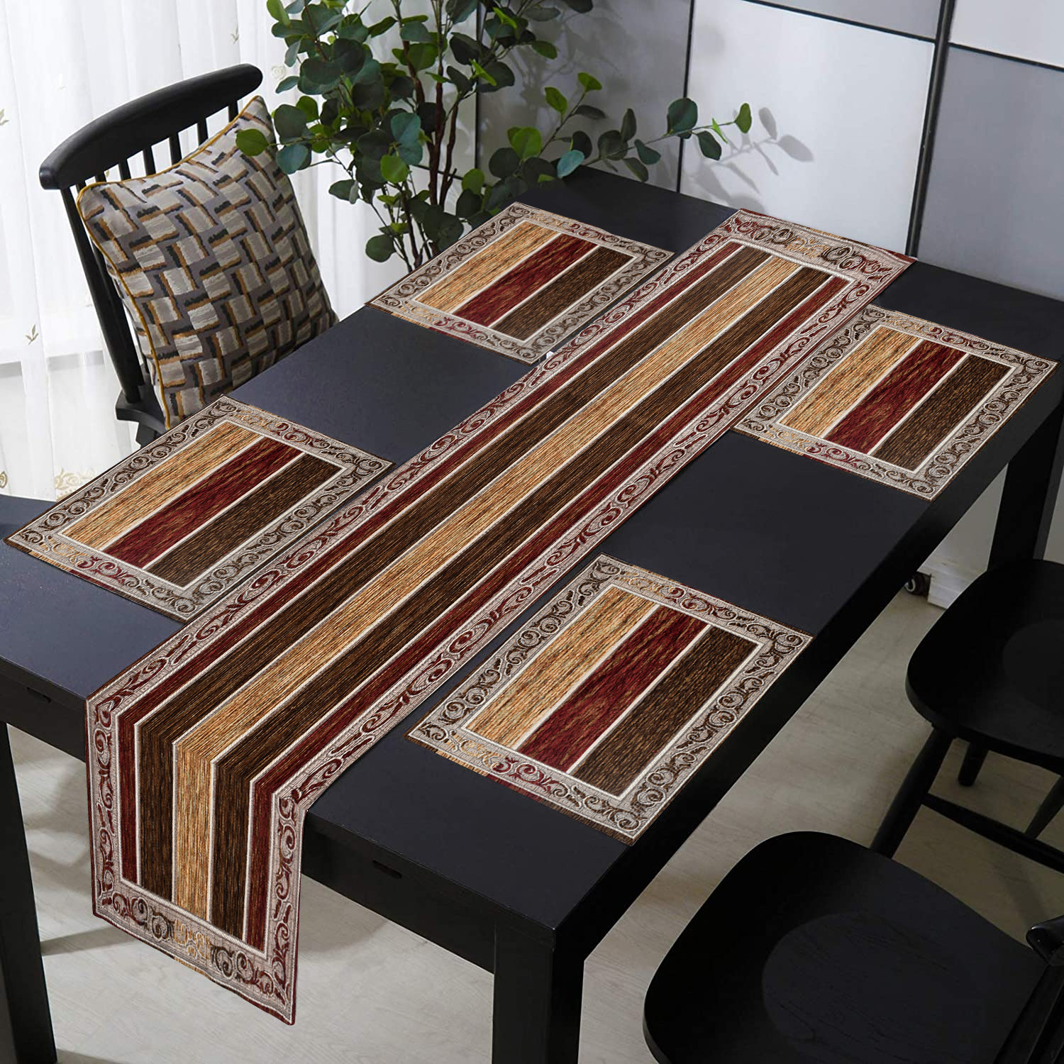 Kuber Industries Dining Table Runner Set|Rich Fabric Damask Pattern Table Mat|Multiclored Strips 6 Placemats for Restaurant & Home Decor,Set of 1 (Maroon)