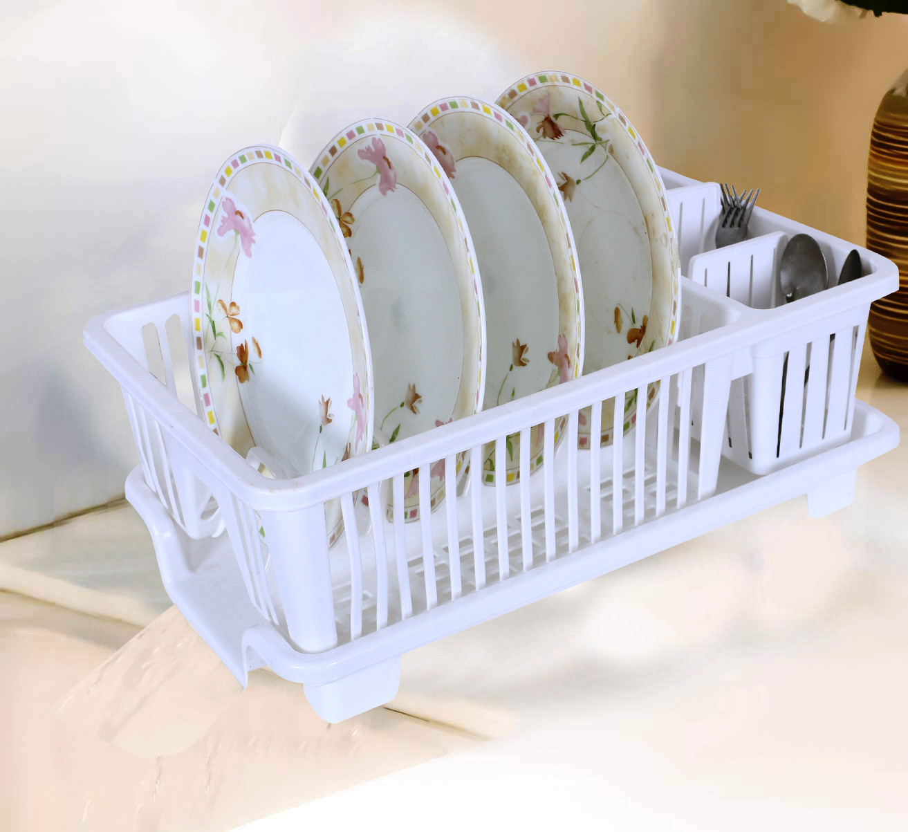Kuber Industries Dish Drainer | Plastic Cutlery Holder | Drying Basket with Tray | Dish Drying Rack for Kitchen Utensils | Bartan Stand for Kitchen | Drying Tray | White