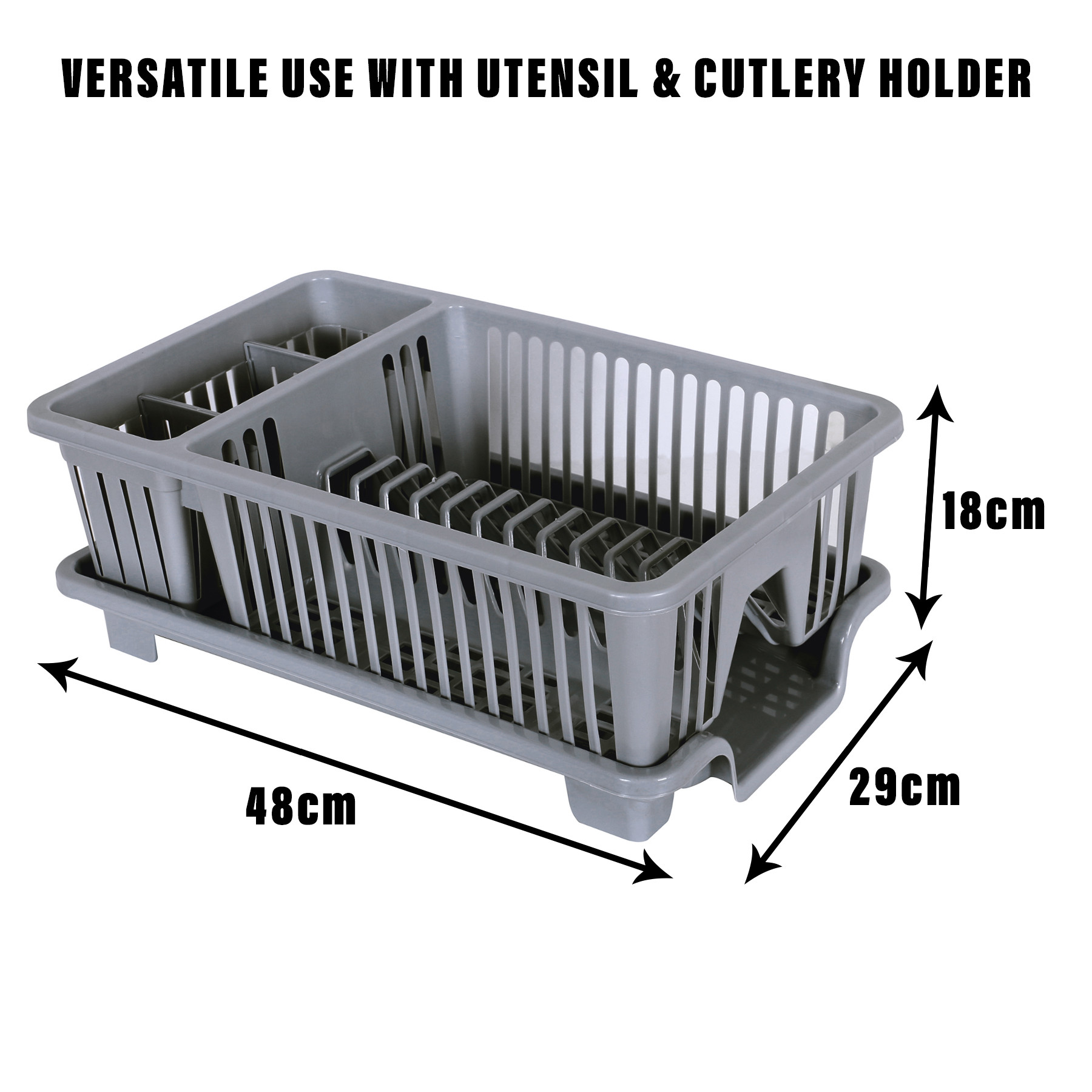 Kuber Industries Dish Drainer | Plastic Cutlery Holder | Drying Basket with Tray | Dish Drying Rack for Kitchen Utensils | Bartan Stand for Kitchen | Drying Tray | Gray