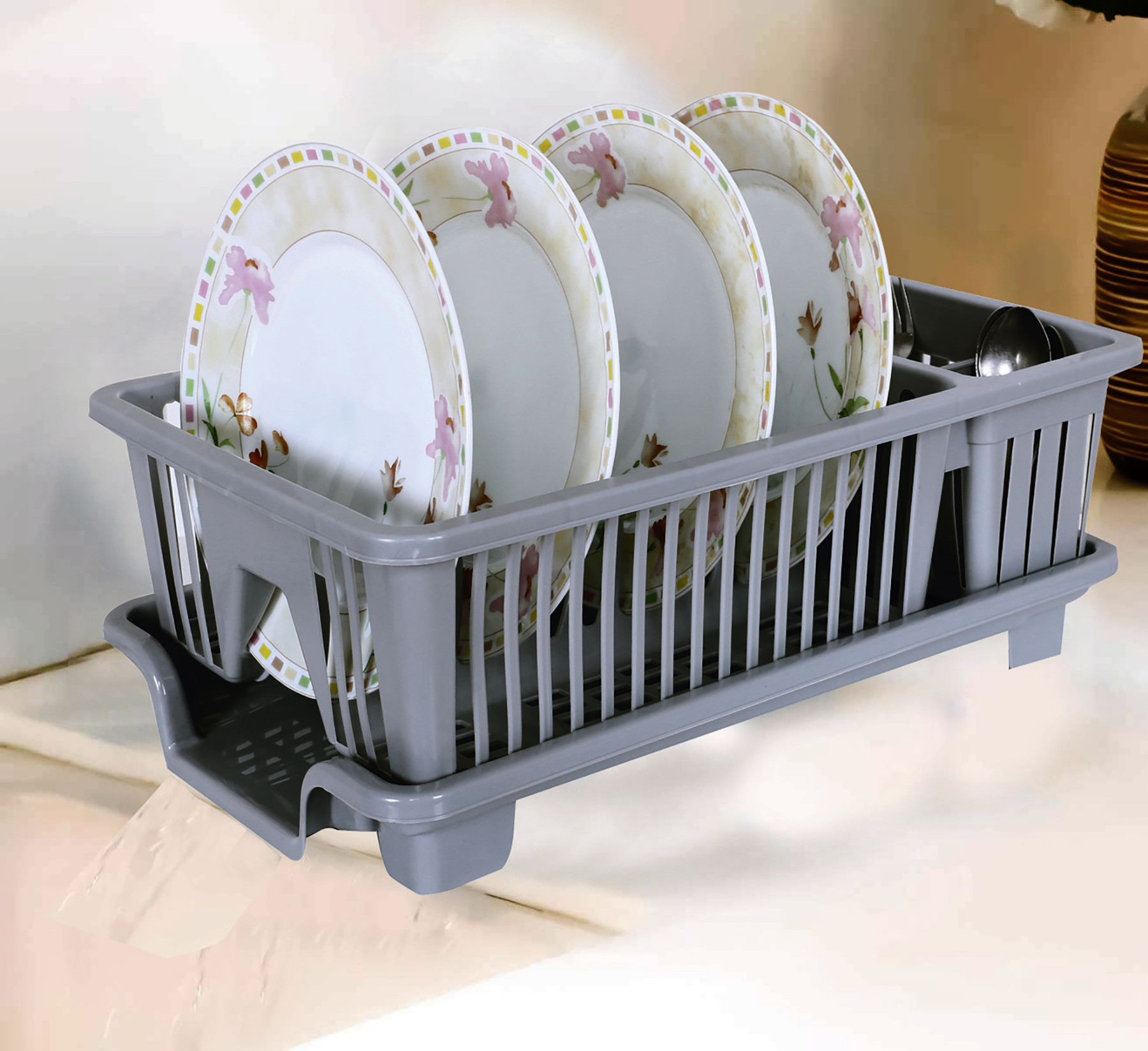 Kuber Industries Dish Drainer | Plastic Cutlery Holder | Drying Basket with Tray | Dish Drying Rack for Kitchen Utensils | Bartan Stand for Kitchen | Drying Tray | Gray