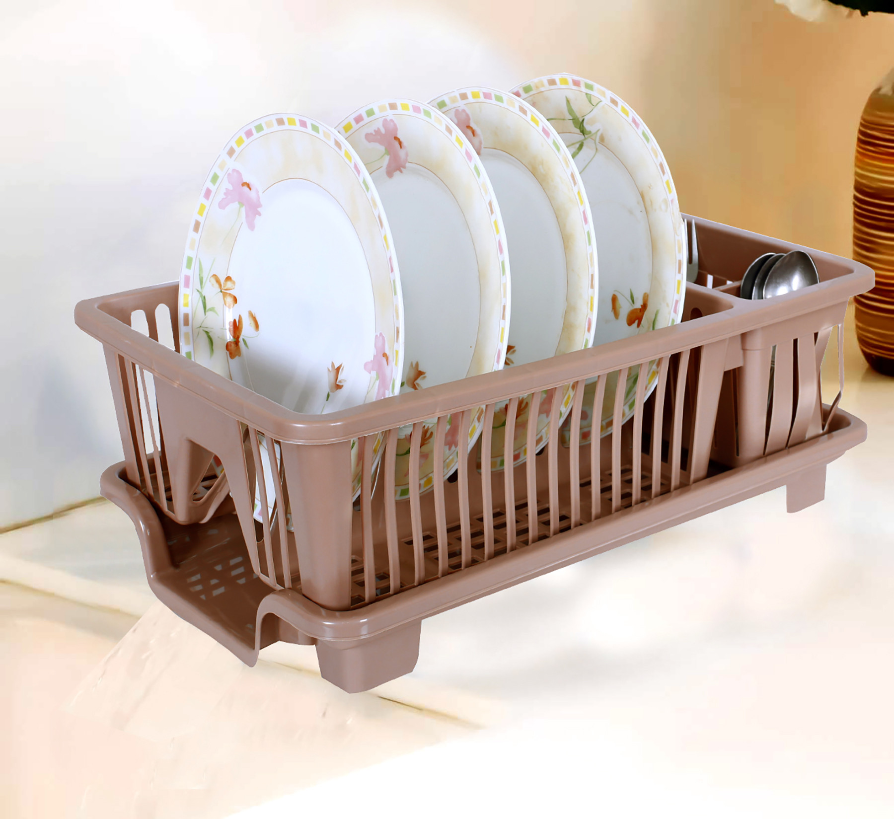 Kuber Industries Dish Drainer  Plastic Cutlery Holder  Drying Basket with Tray  Dish Drying Rack for Kitchen Utensils  Bartan Stand for Kitchen  Drying Tray  Maple Brown