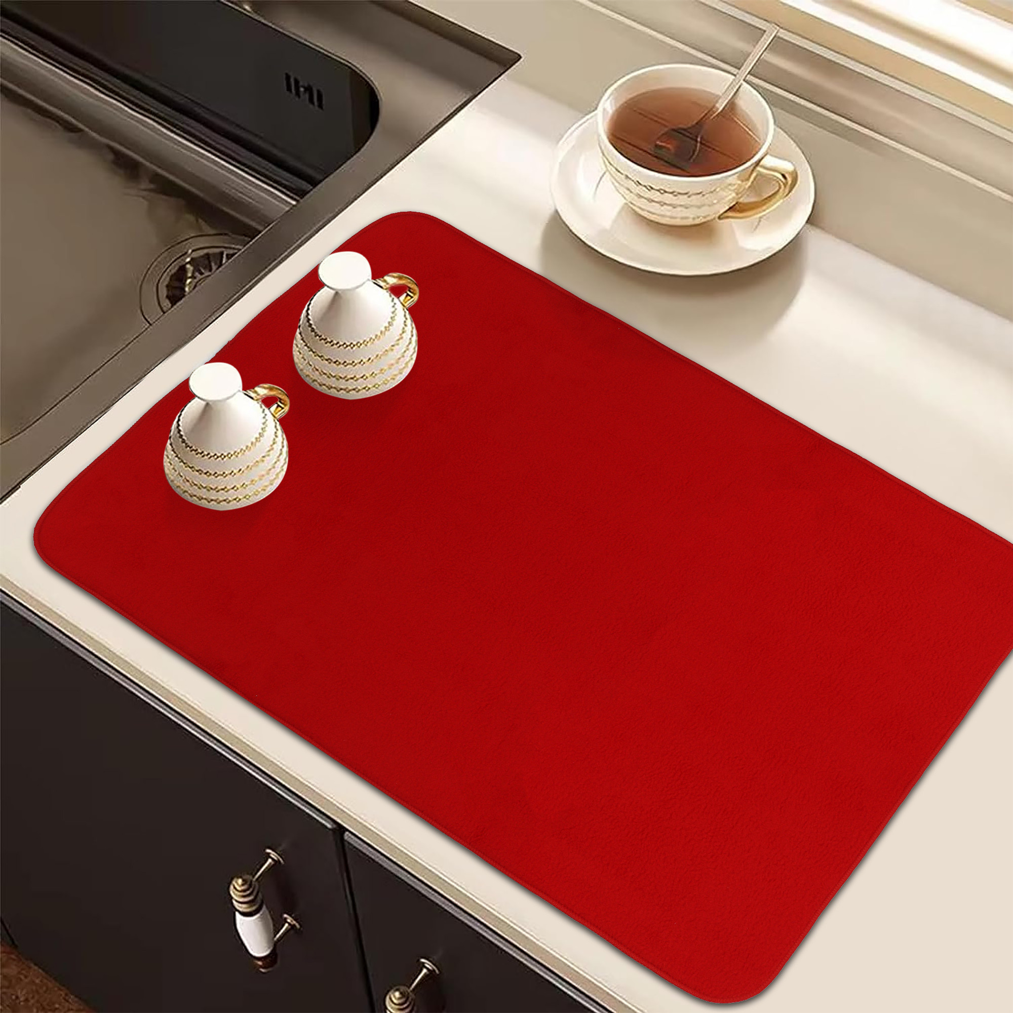 Kuber Industries Dish Dry Mat | Microfiber Drying Mat | Kitchen Drying Mat | Reversible Mat | Kitchen Absorbent Mat | Dish Dry Mat for Kitchen | 38x50 | Red